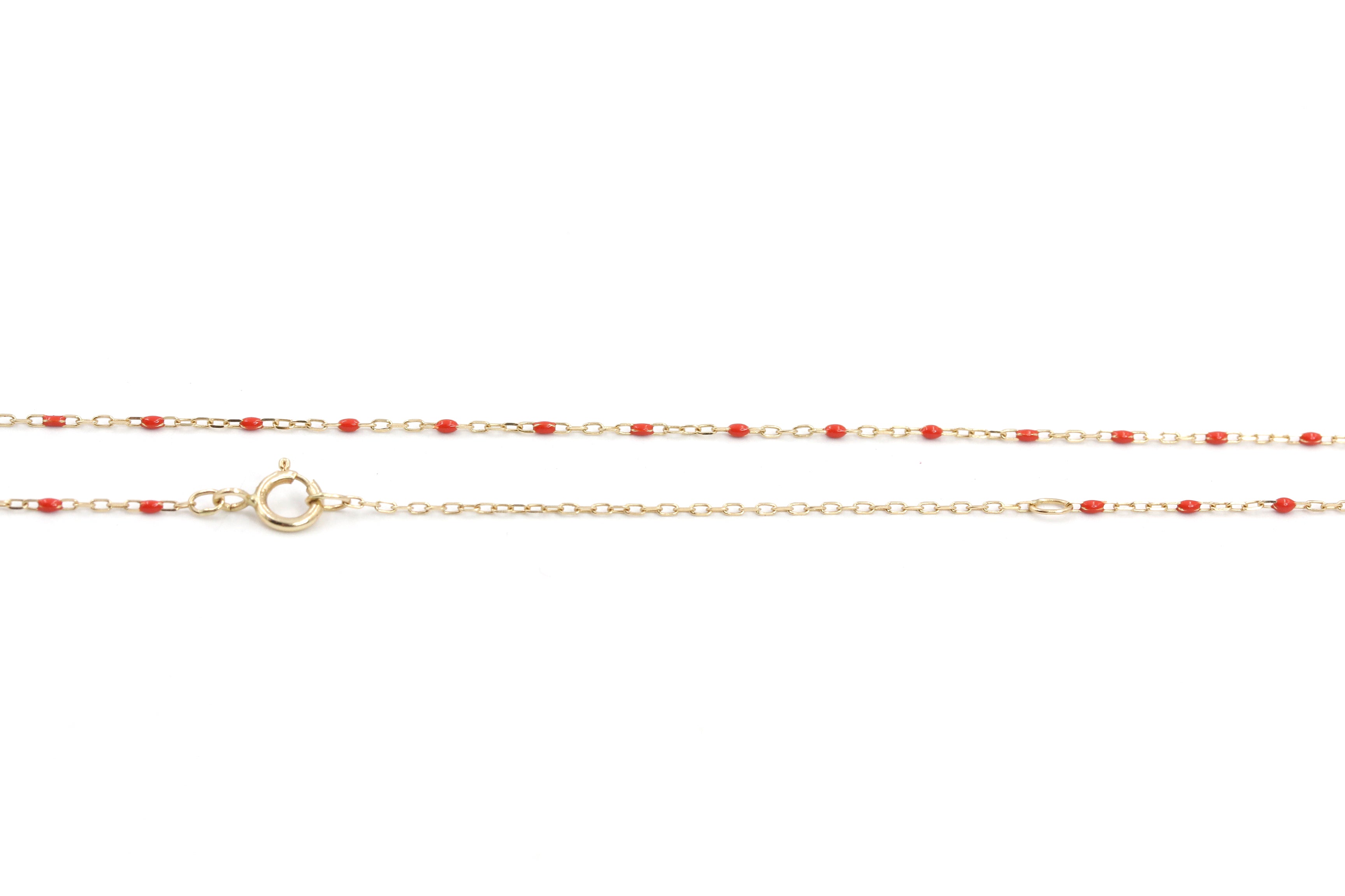 14k Yellow Gold Fine Chain Necklace with Red Enamel Accents