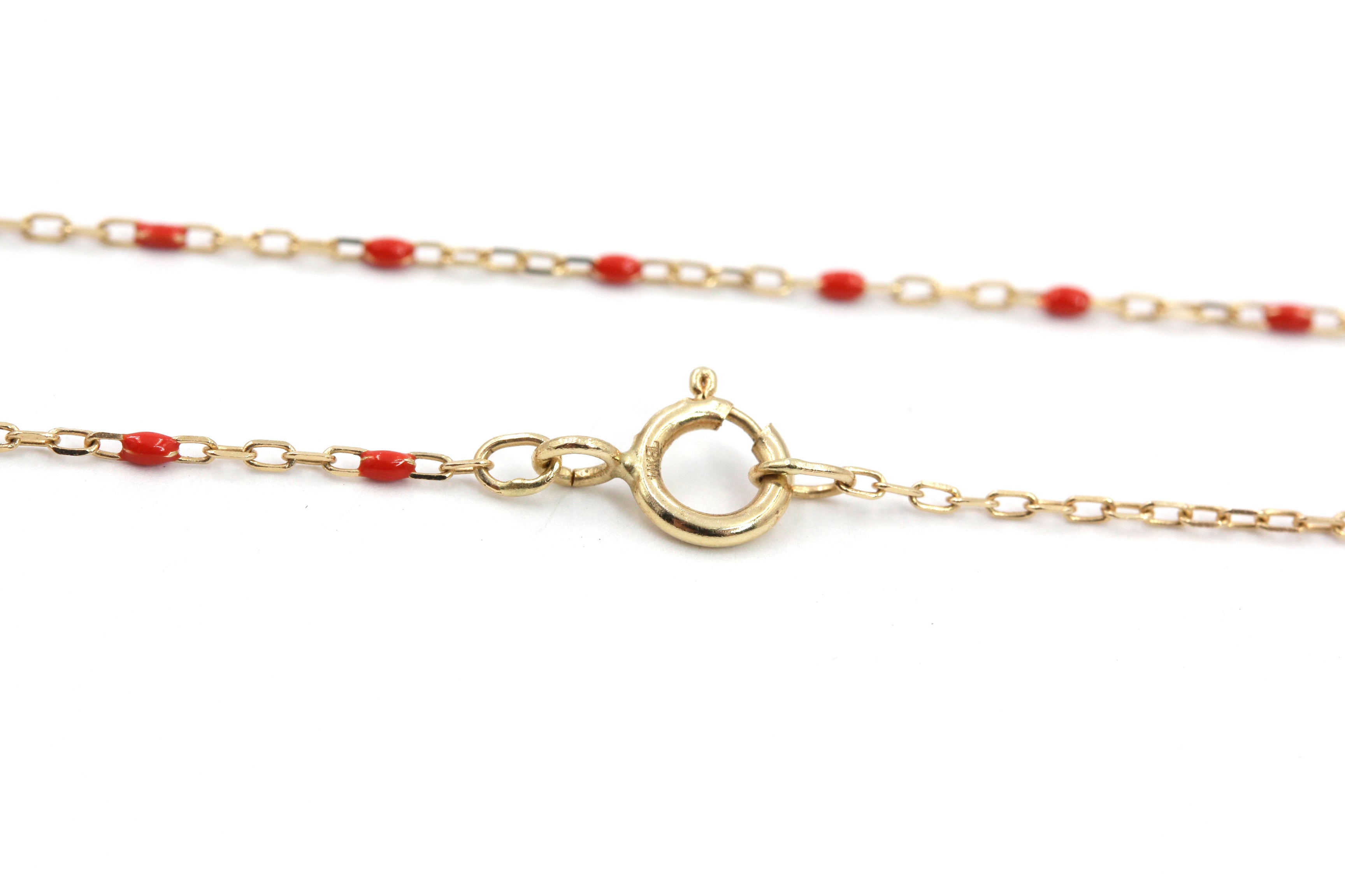 14k Yellow Gold Fine Chain Necklace with Red Enamel Accents