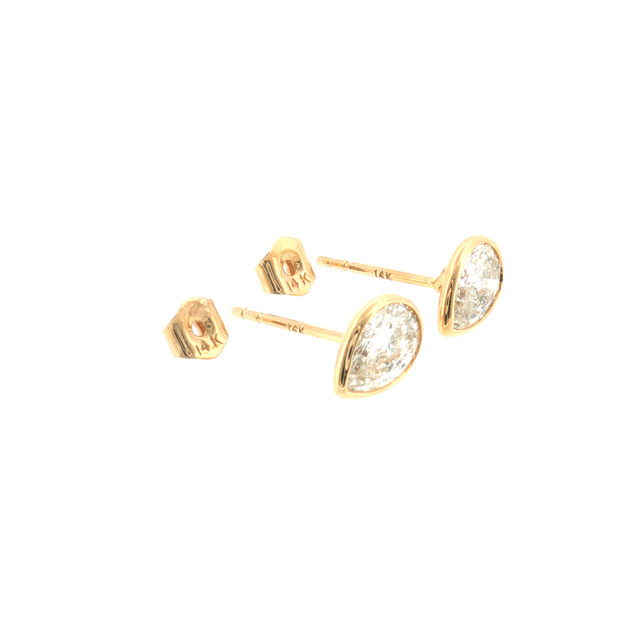 Lab Grown Diamond Bezel Pear Studs 14k Yellow Gold - 1.00ctw with backs off and stamps