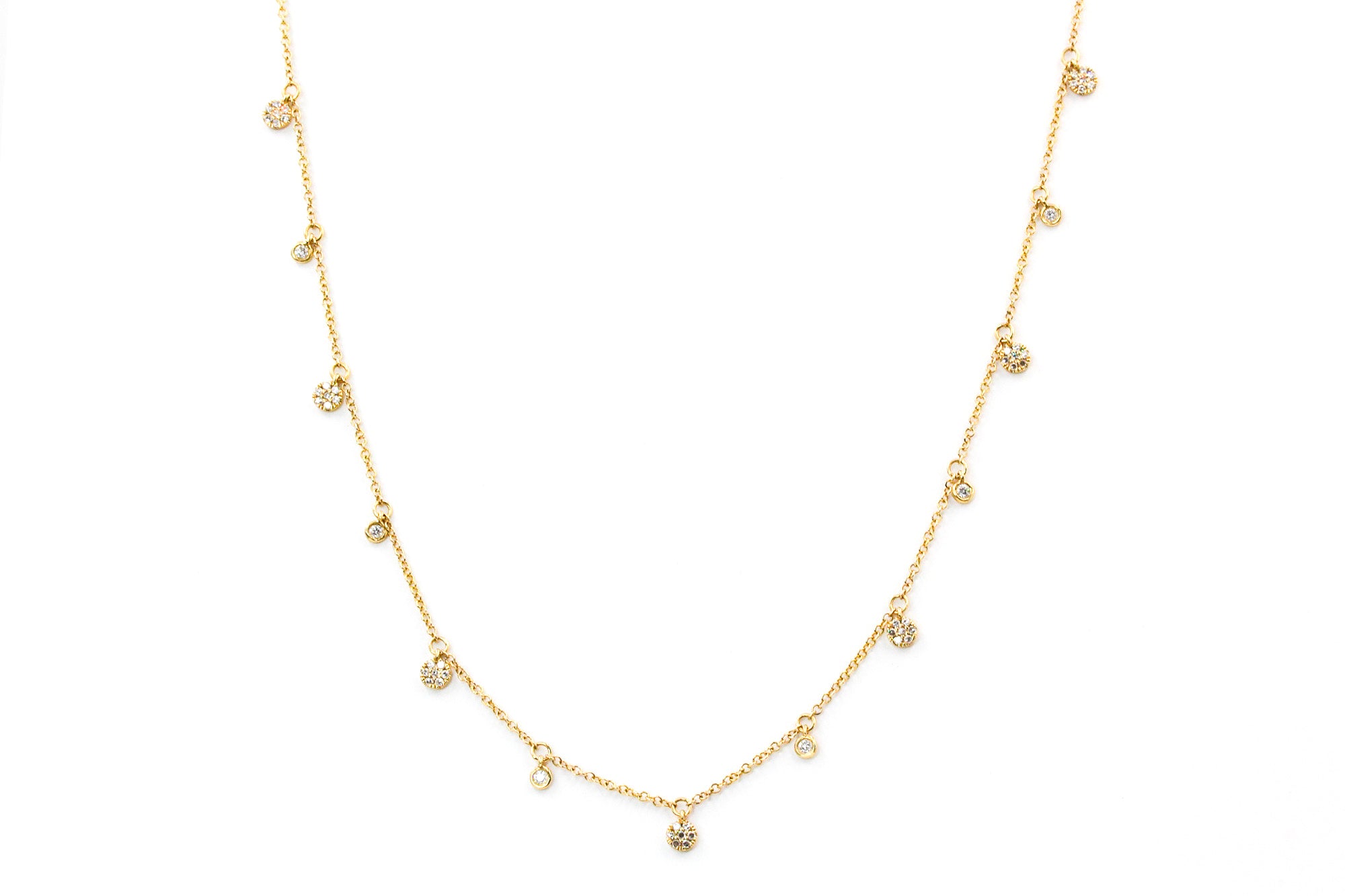 Bezel Set Diamond Cluster Drop Necklace - 14k Yellow Gold - 0.24ctw