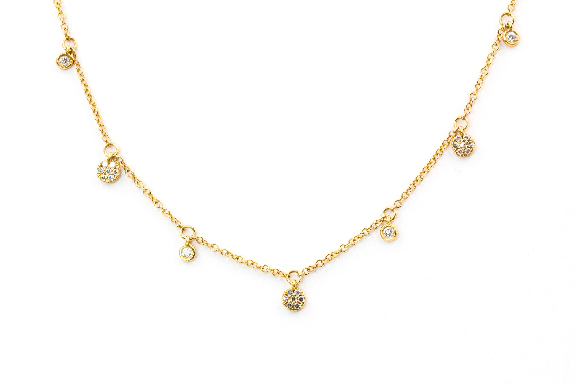 Bezel Set Diamond Cluster Drop Necklace - 14k Yellow Gold - 0.24ctw
