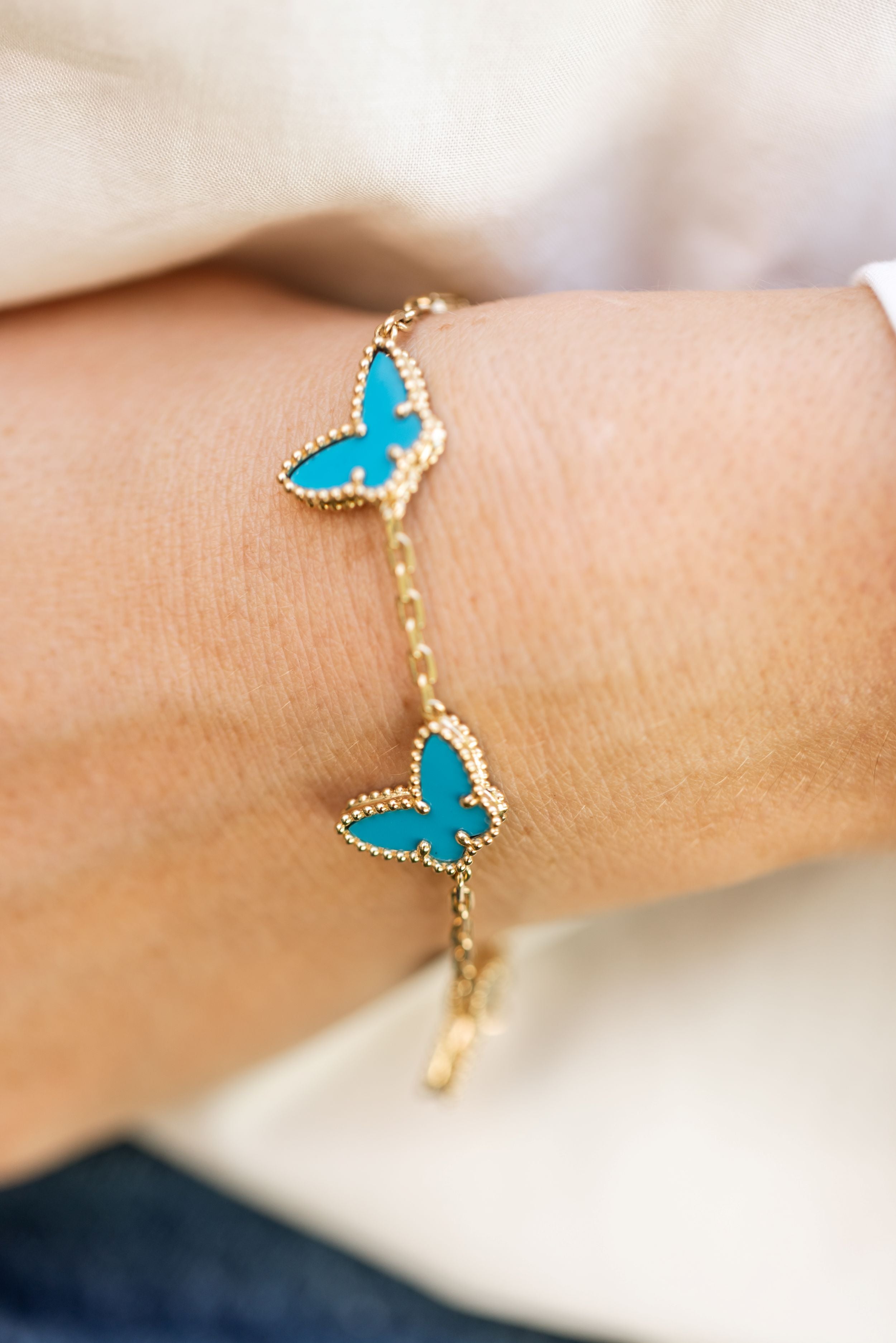 Turquoise Butterfly Station Bracelet - 14k Yellow Gold