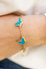 Turquoise Butterfly Station Bracelet - 14k Yellow Gold