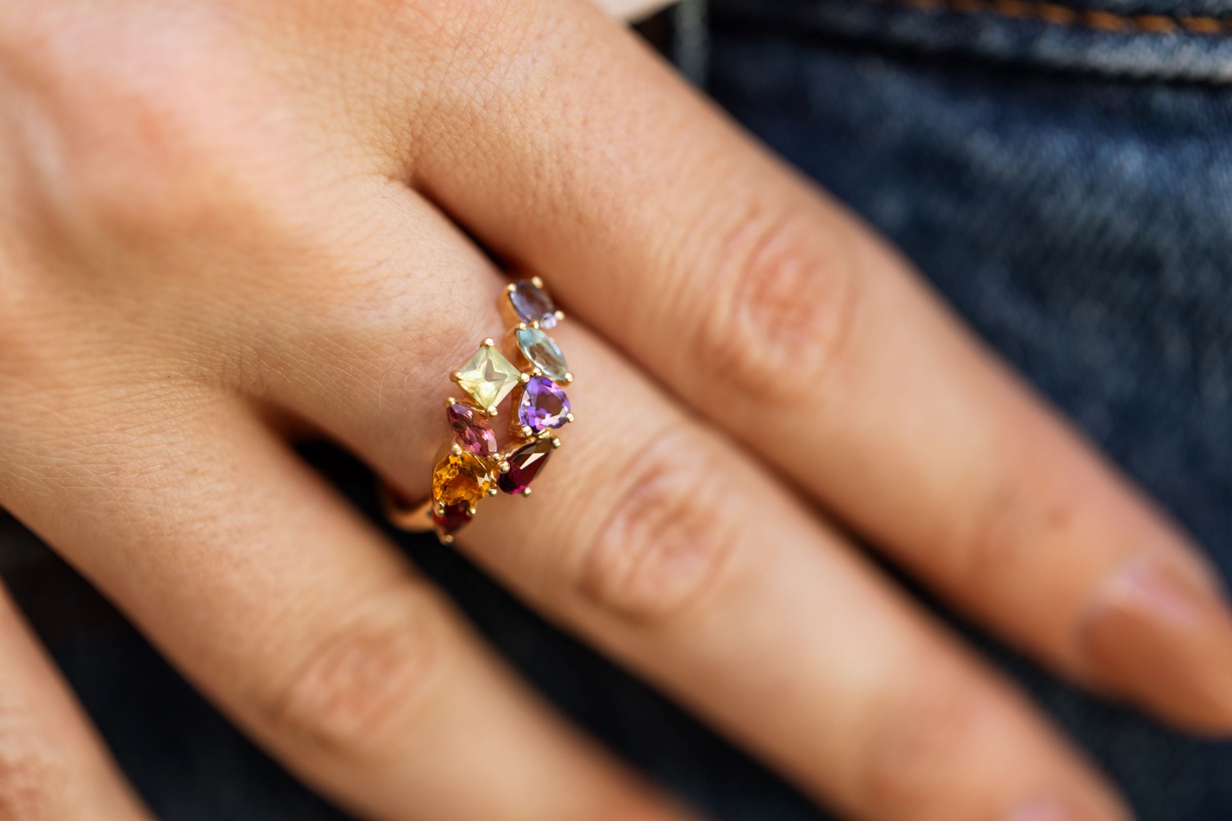 Multi Colored Gemstone Bypass Ring - 14k Yellow Gold
