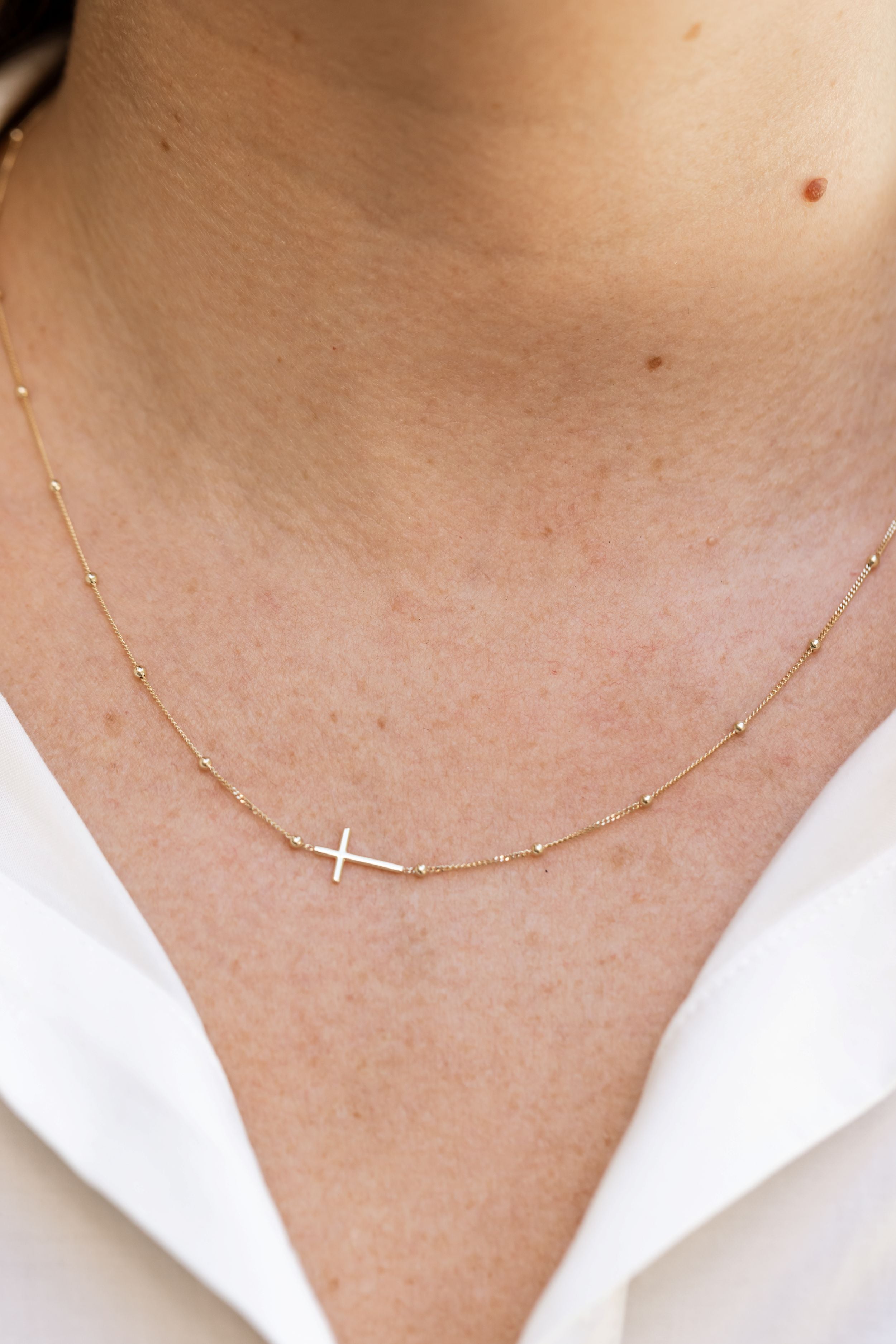 Dainty Bead Cross Chain - 14k Yellow Gold