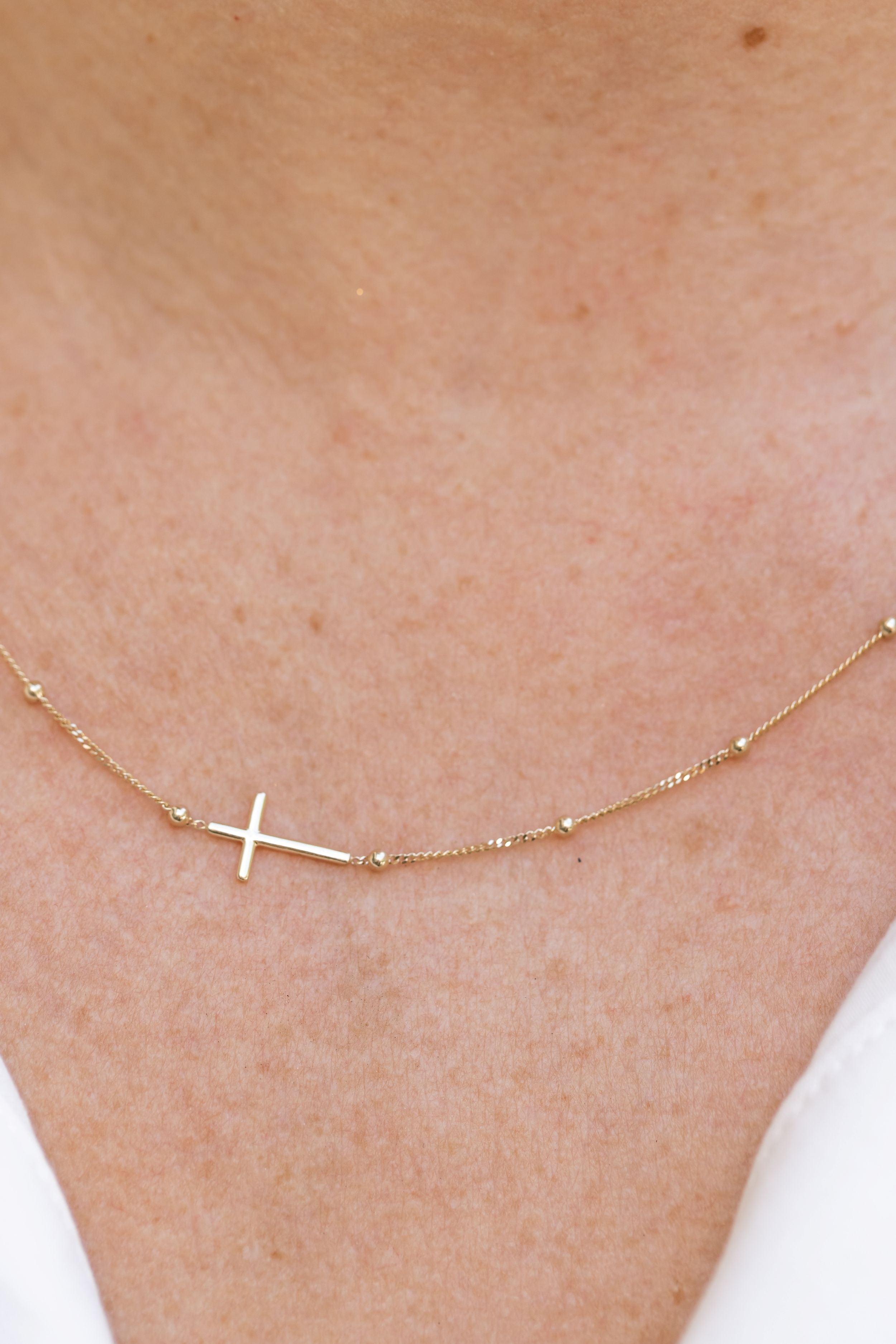 Dainty Bead Cross Chain - 14k Yellow Gold