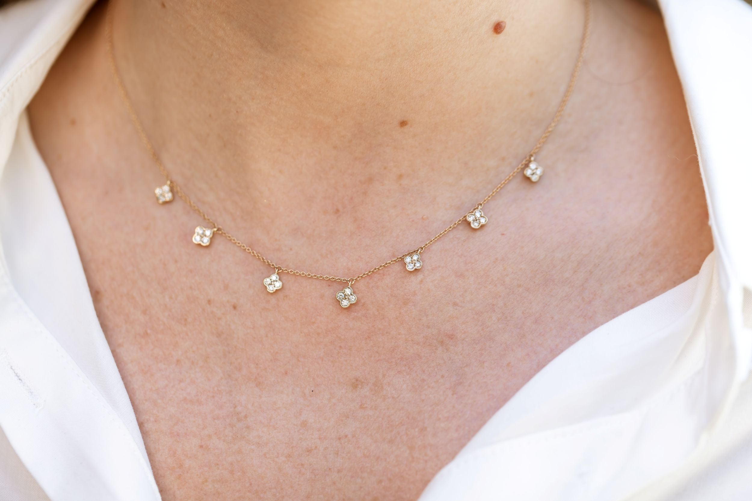 Diamond Clover Station Necklace - 14k Yellow Gold - 0.56ctw