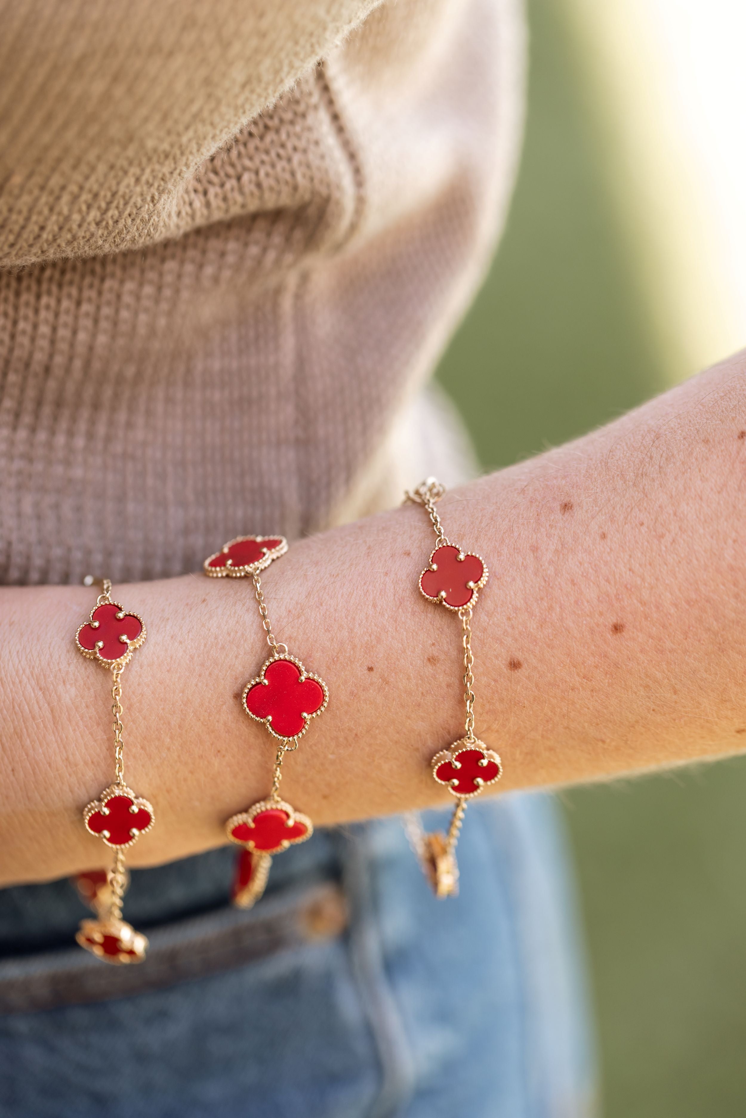 Carnelian Clover Station Bracelet - 14K Yellow Gold