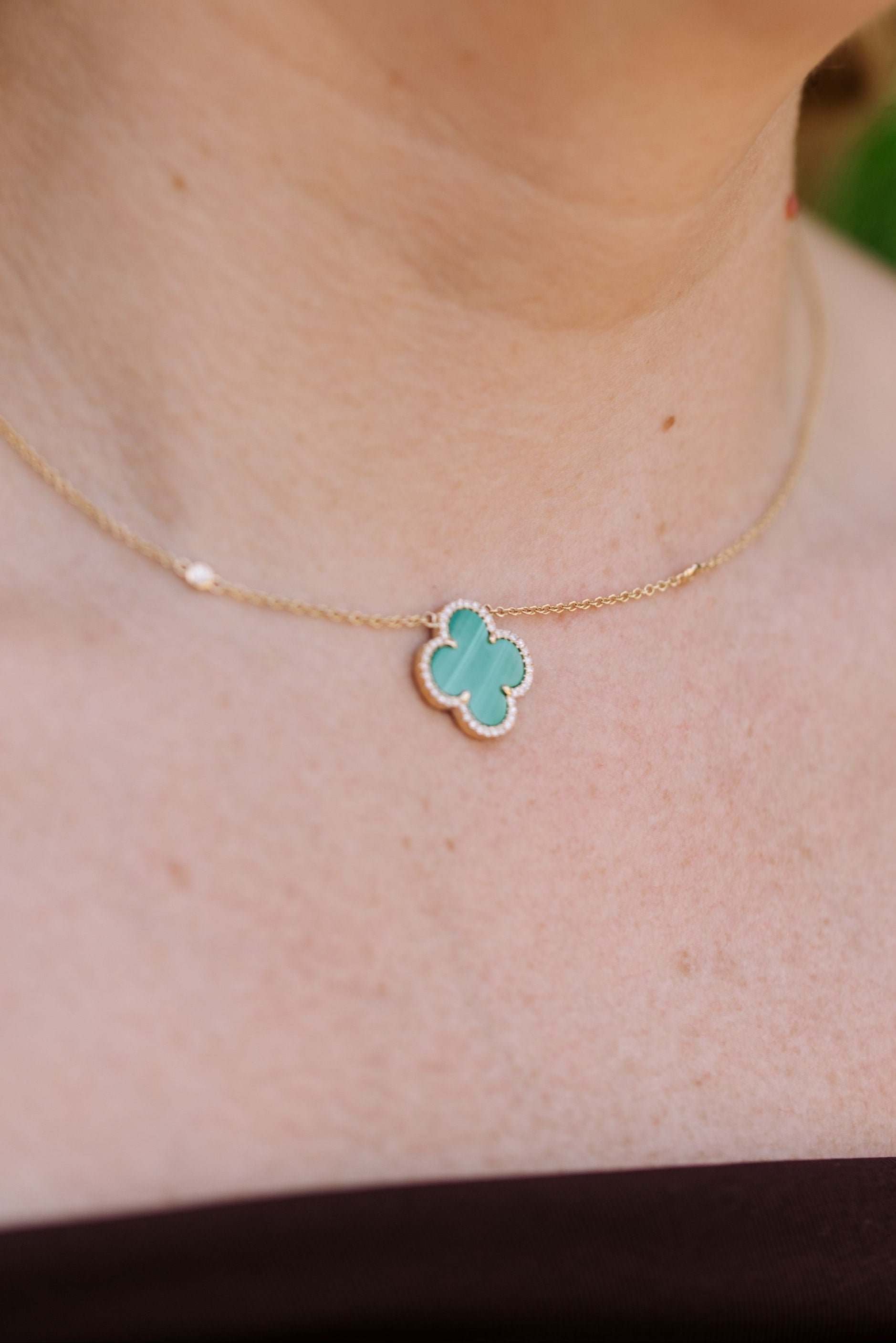 Diamond and Malachite Clover Pendant Necklace - 14k Yellow Gold - 0.21ctw