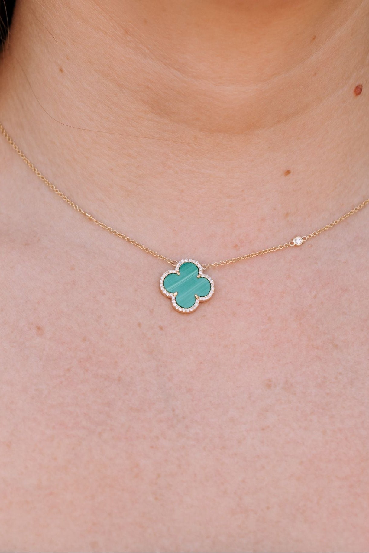 Diamond and Malachite Clover Pendant Necklace - 14k Yellow Gold - 0.21ctw
