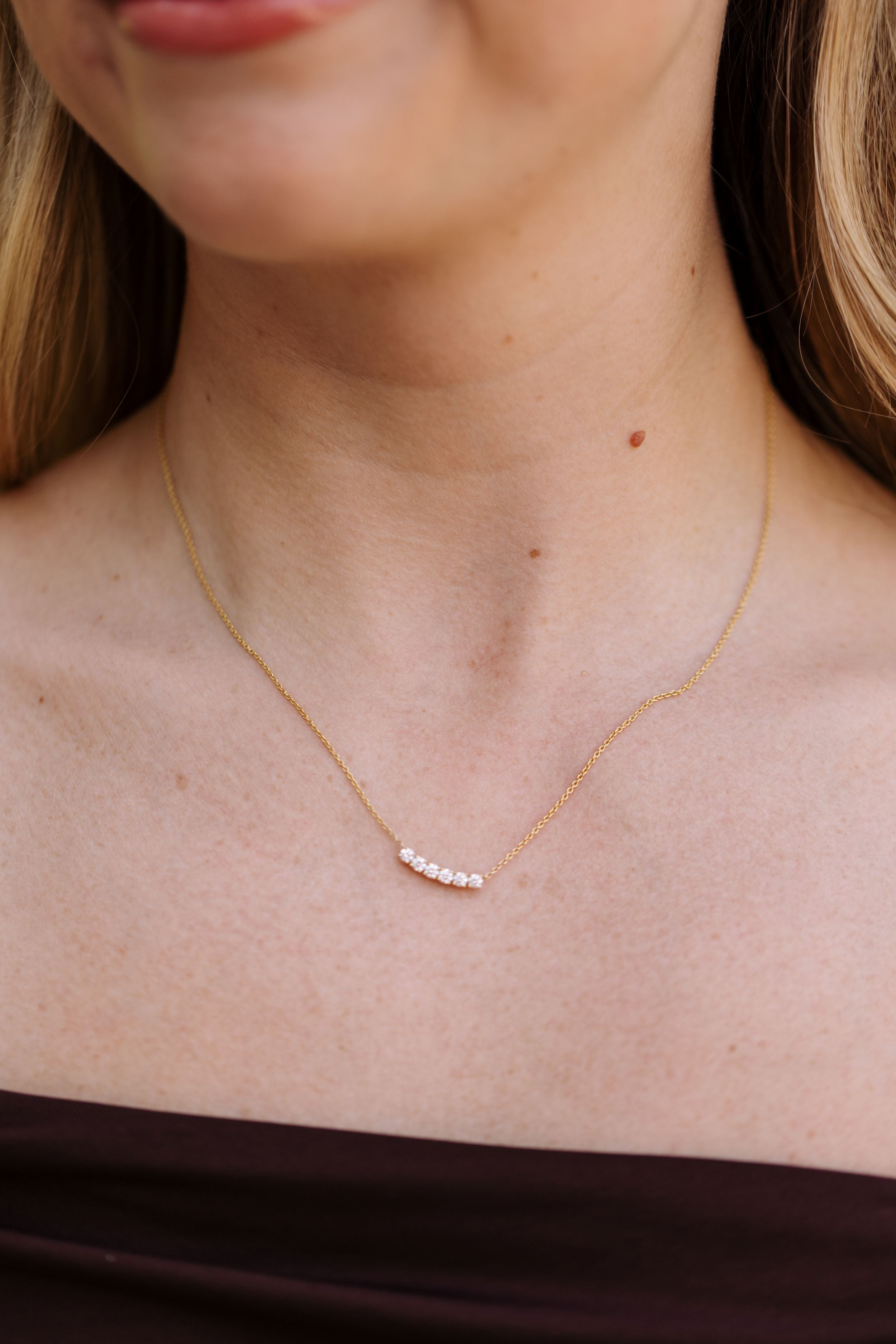 Curved Diamond Bar Necklace - 14K Yellow Gold - 0.36ctw