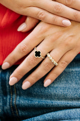 Diamond and Black Onyx Clover Ring - 14k Yellow Gold - 0.24ctw