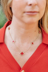 Carnelian Clover Graduated Station Necklace - 14k Yellow Gold