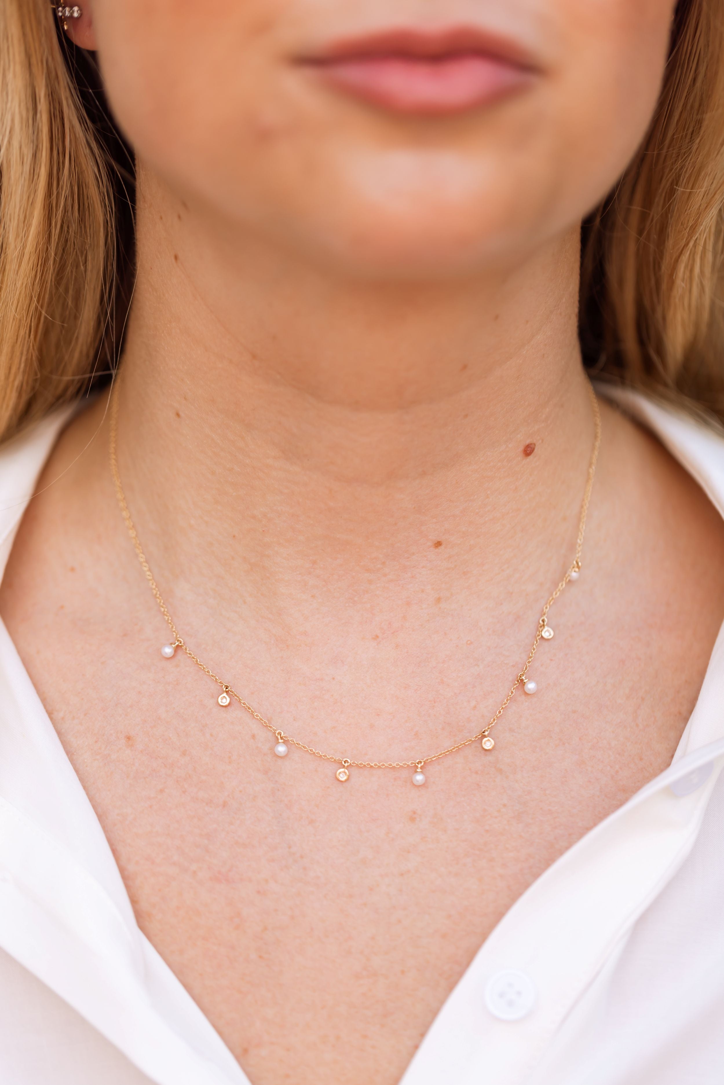Pearl and Diamond Station Necklace - 14k Yellow Gold - 0.08ctw