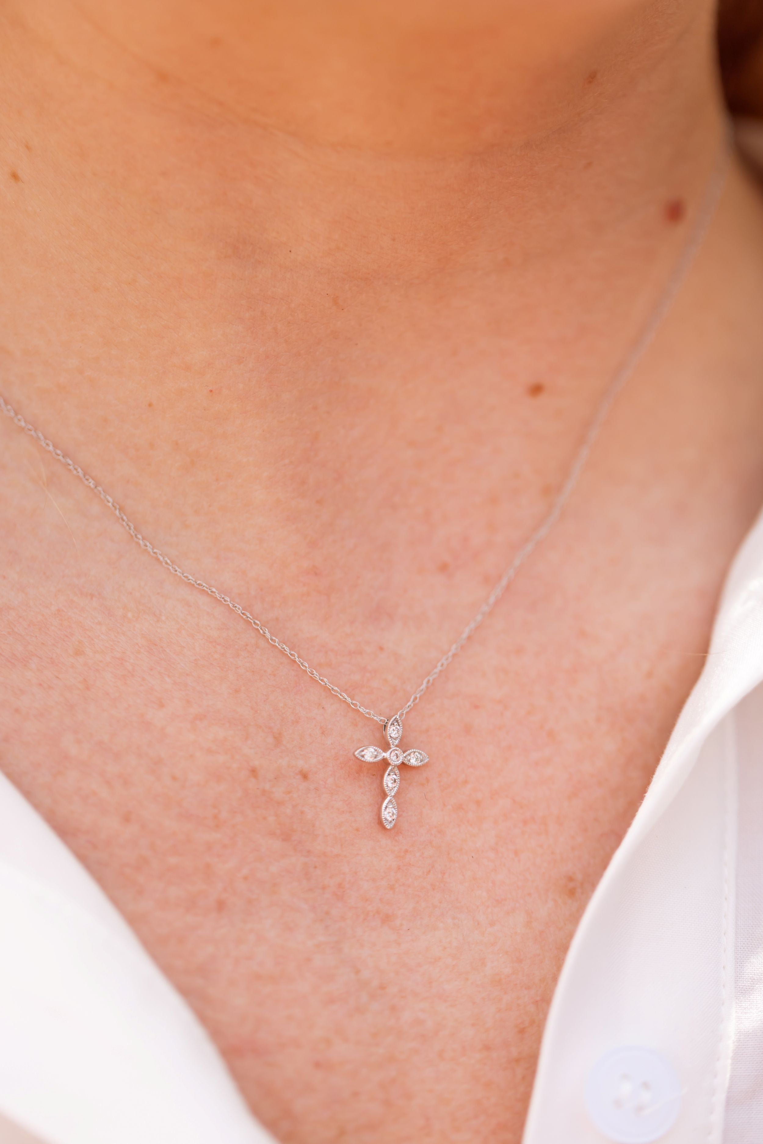 Diamond Cross Pendant-Necklace - 14k White Gold - 0.12ctw