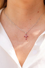 Diamond and Ruby Cross Pendant-Necklace - 14k White Gold