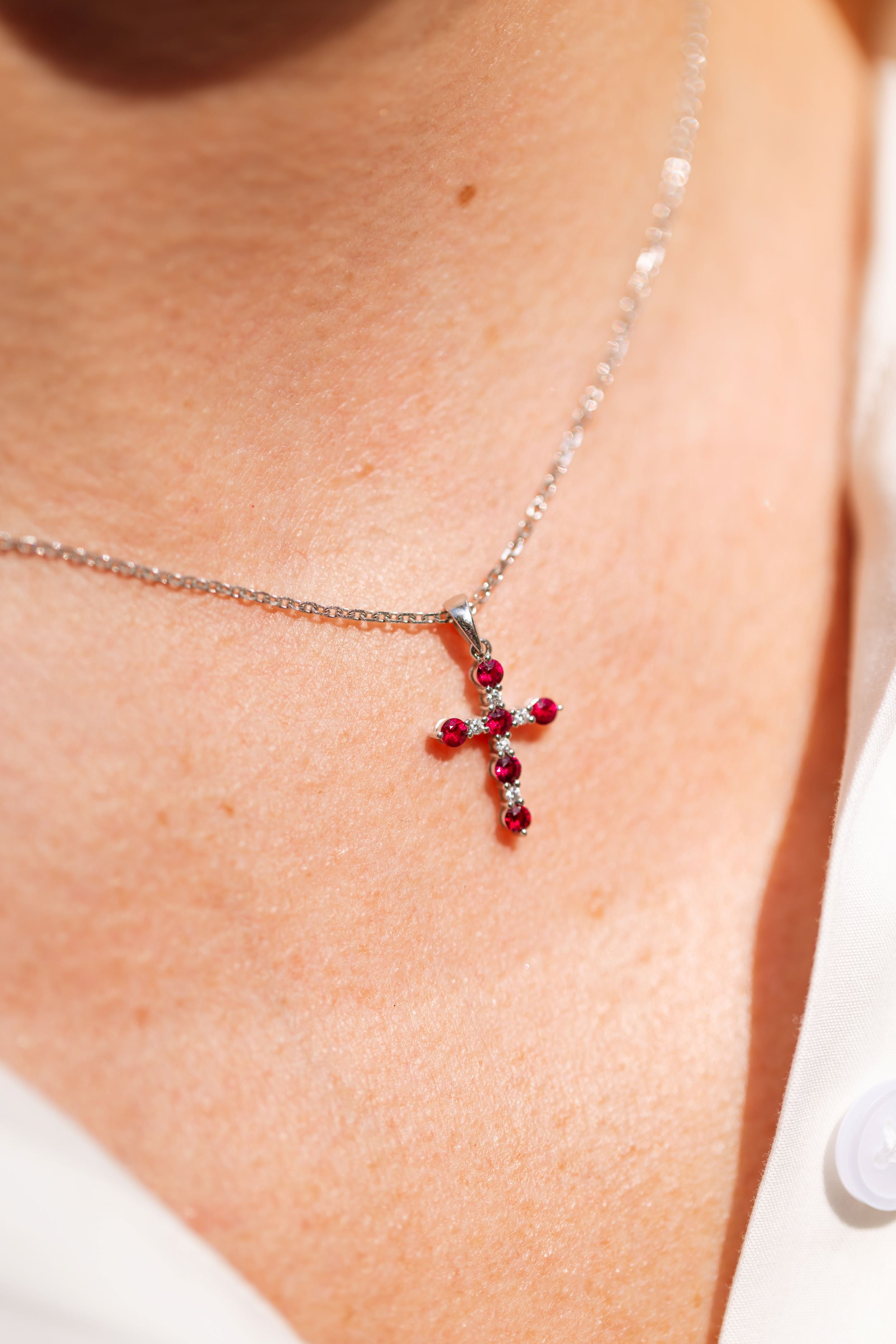 Diamond and Ruby Cross Pendant-Necklace - 14k White Gold