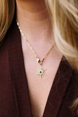 Emerald and Diamond Starburst Pendant - 14k Yellow Gold