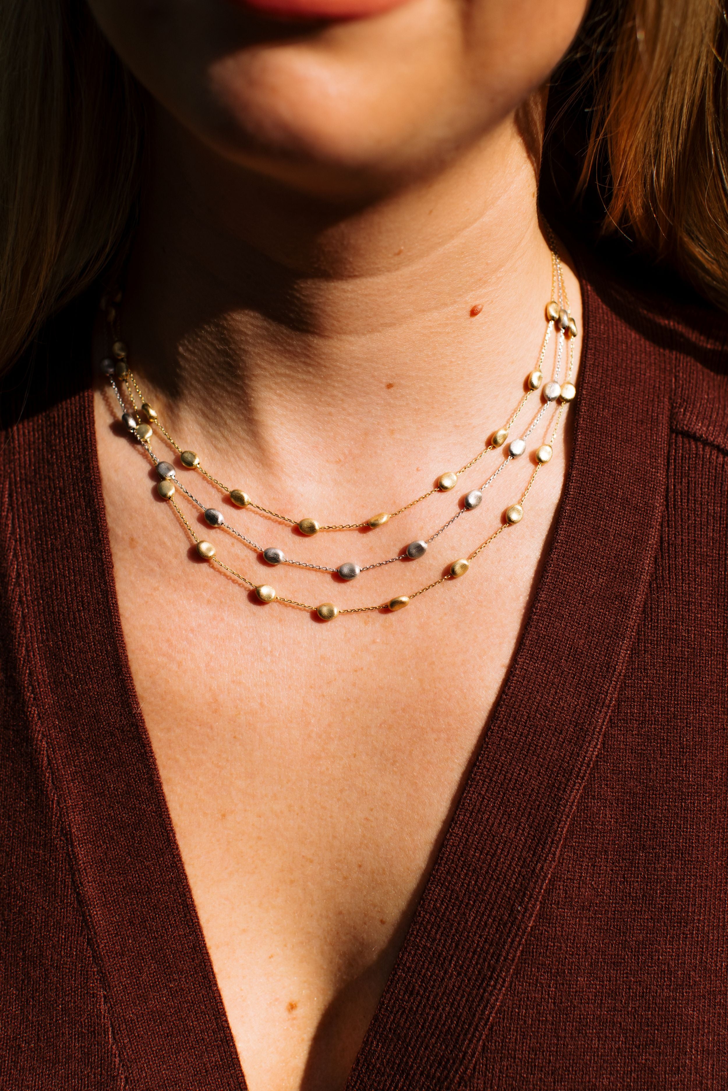 Two Tone, Triple Strand Statement Necklace - 14k Gold