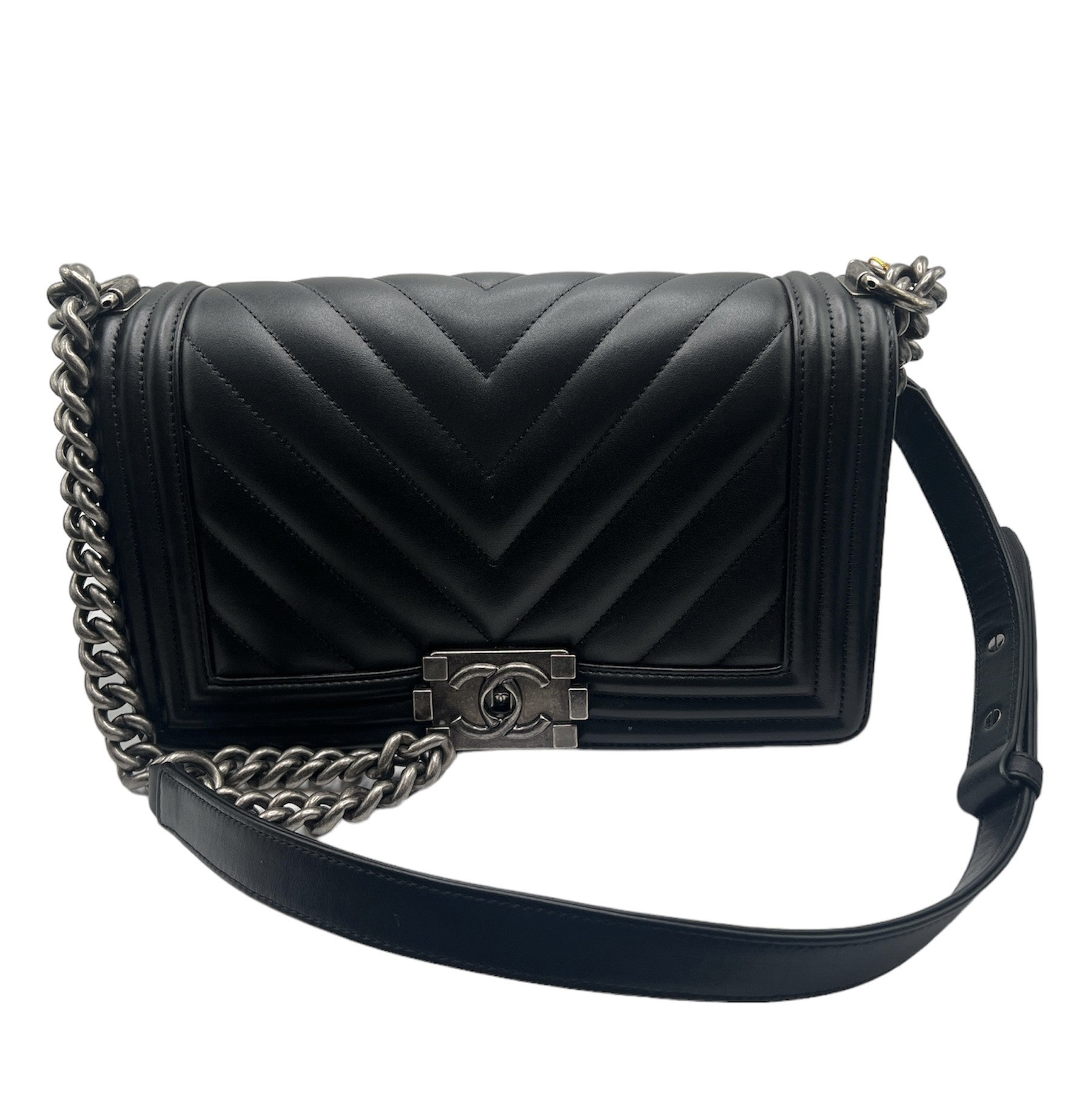 Chanel Calfskin Chevron Quilted Medium Boy Flap Bag - Black