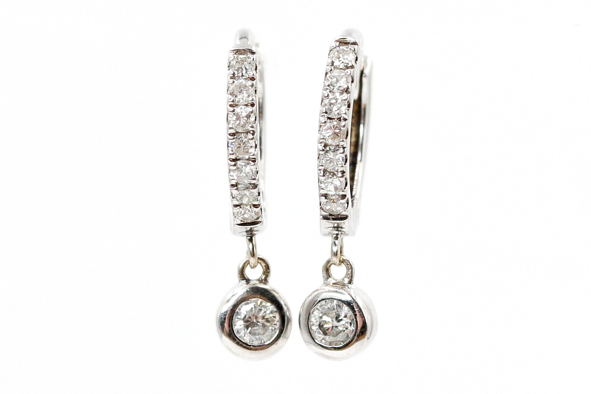 Diamond Bezel Drop Huggie Earrings - 14k White Gold - 0.15ctw