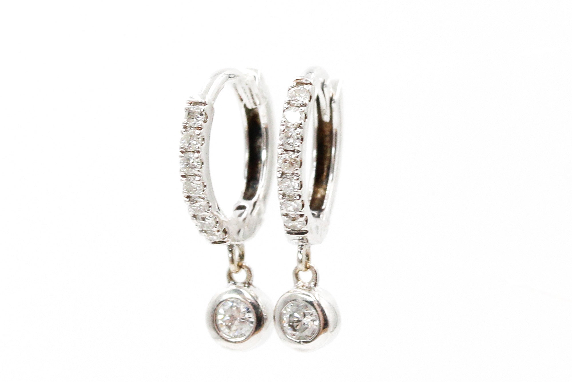 Diamond Bezel Drop Huggie Earrings - 14k White Gold - 0.15ctw