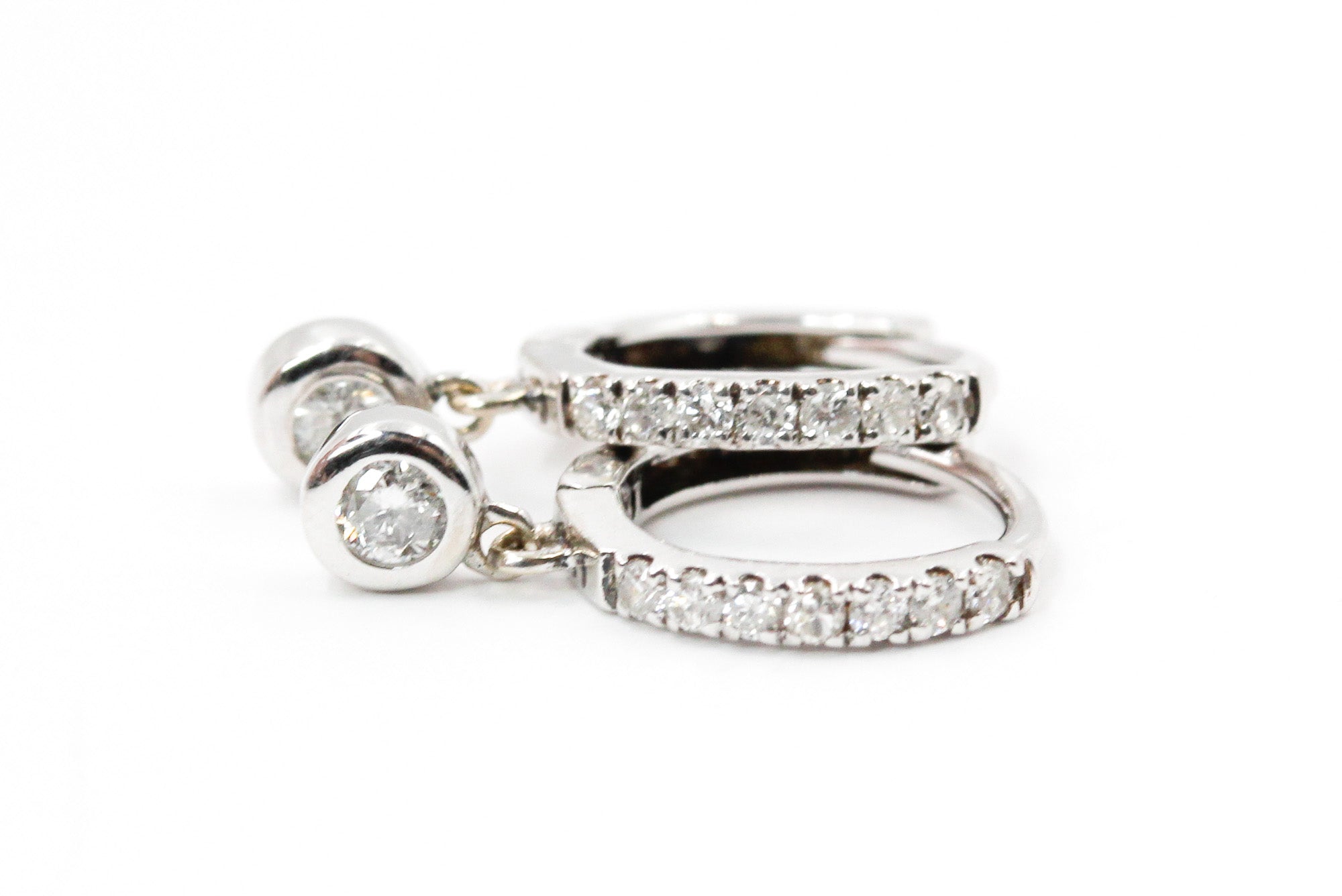 Diamond Bezel Drop Huggie Earrings - 14k White Gold - 0.15ctw