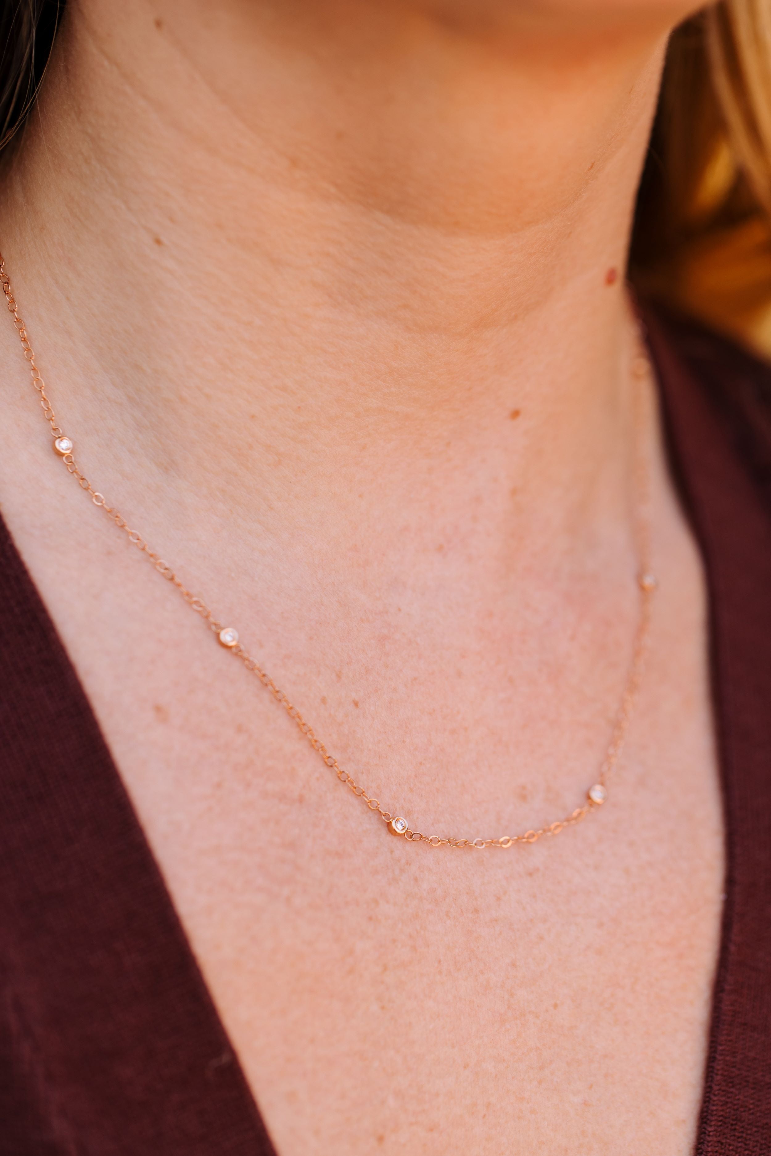 Diamond Bezel Station Necklace - 14k Rose Gold - 0.15ctw