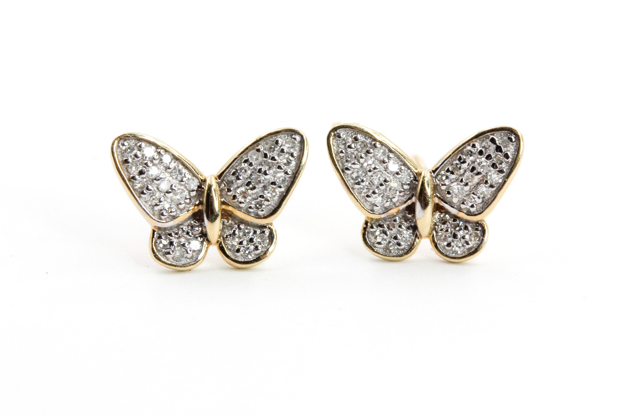 Diamond Butterfly Stud Earrings - 10k Two Tone Gold - 0.13ctw