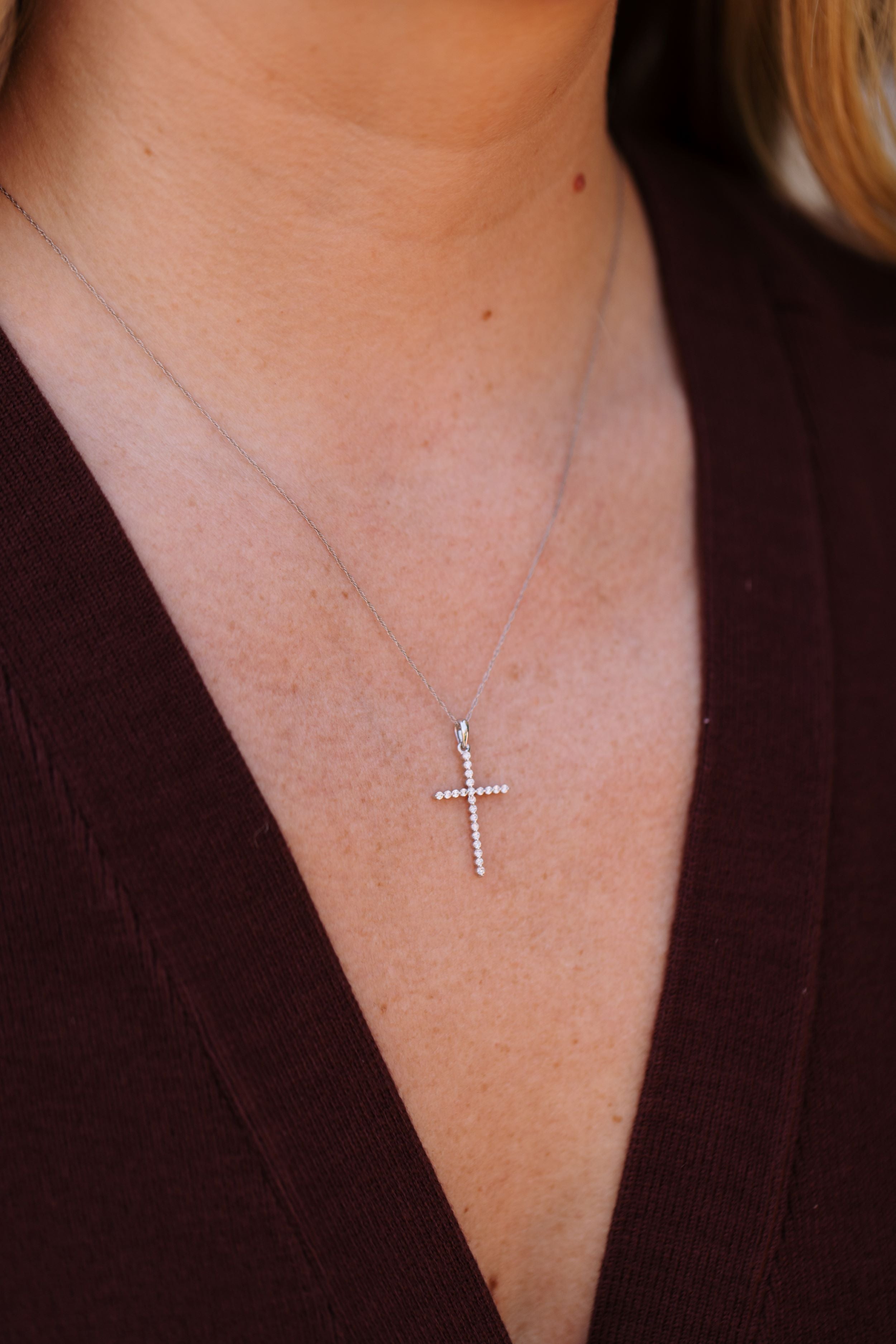 Diamond Cross Pendant Necklace - 14k White Gold - 0.21ctw