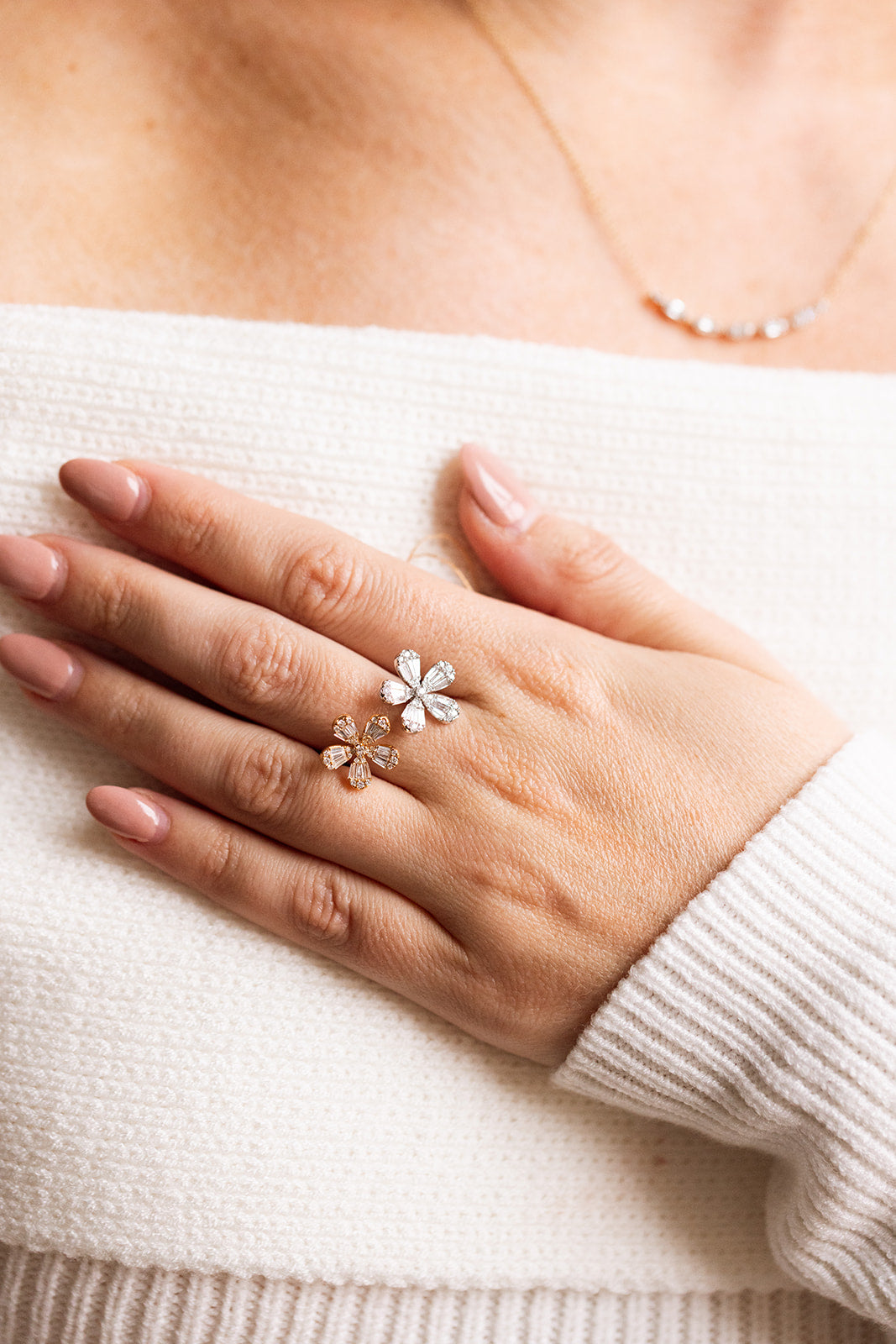 Diamond Flower Bypass Ring - 18k Two Tone Gold - 1.00ctw
