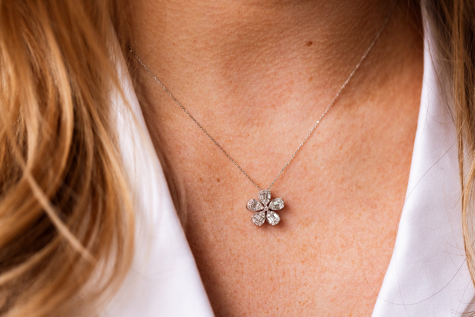 Diamond Flower Pendant Necklace - 14k White Gold - 0.46ctw