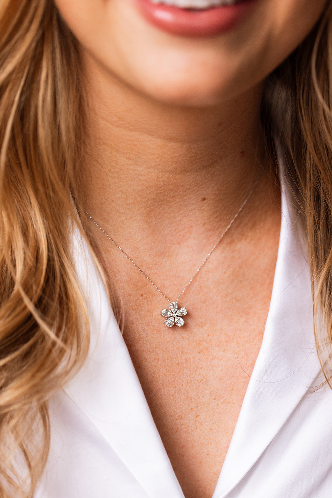Diamond Flower Pendant Necklace - 14k White Gold - 0.46ctw