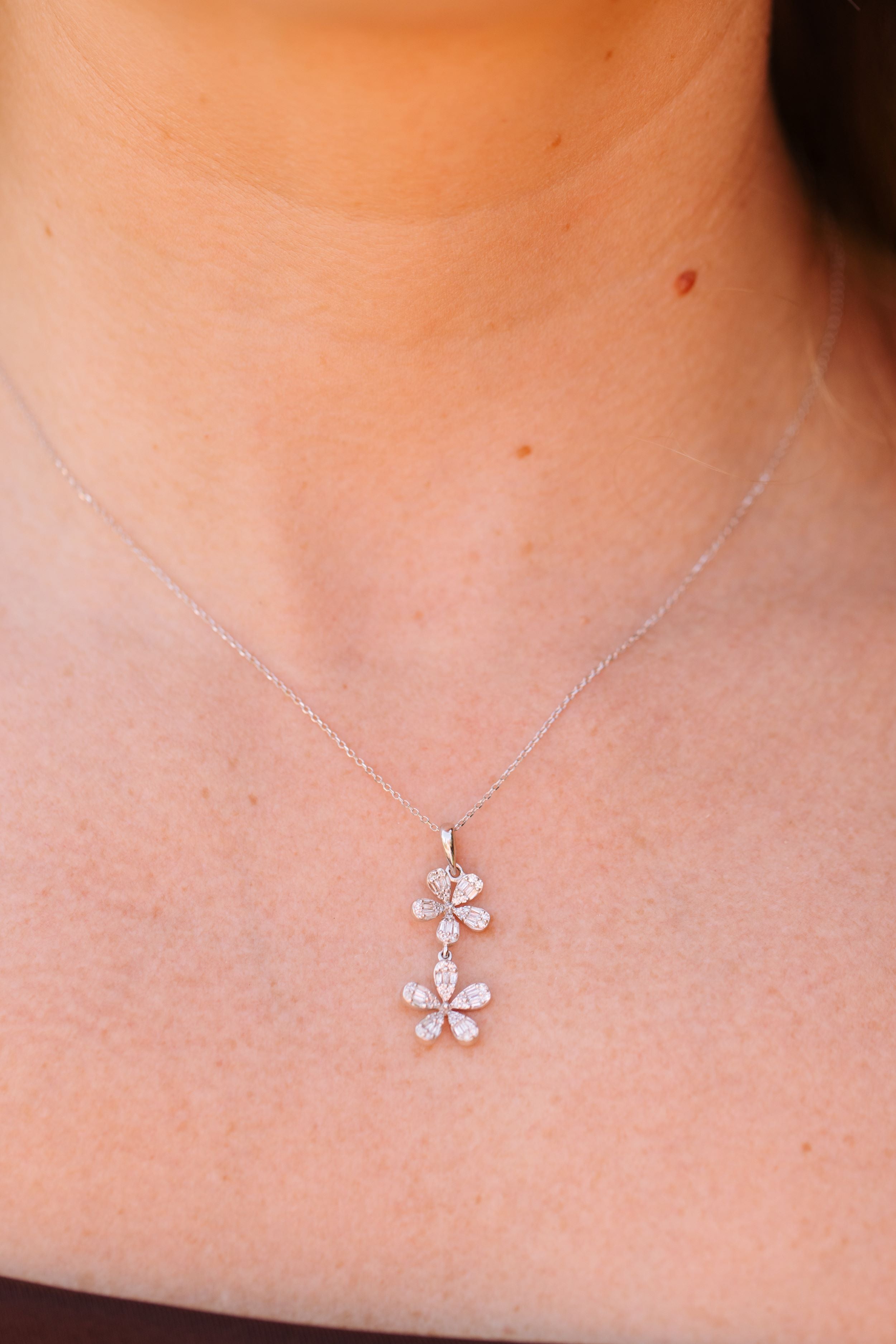 Diamond Flower Pendant Necklace - 14k White Gold - 0.45ctw