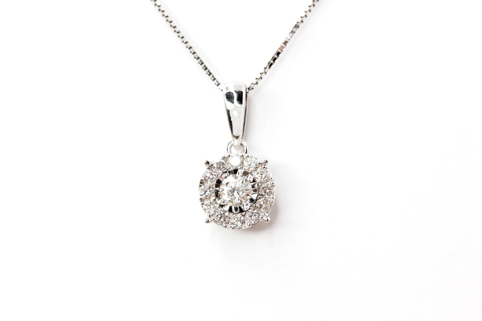 Diamond Halo Pendant Necklace - 14k White Gold - 0.19ctw