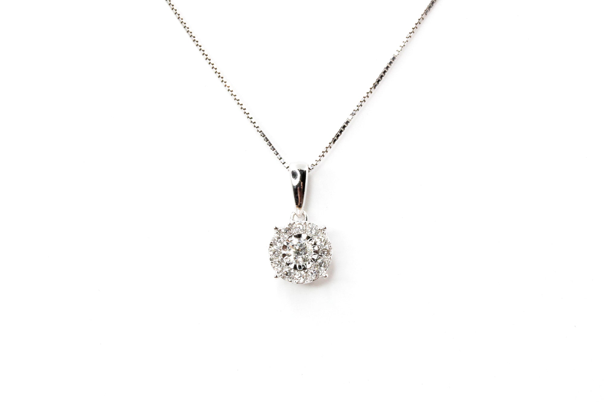 Diamond Halo Pendant Necklace - 14k White Gold - 0.19ctw