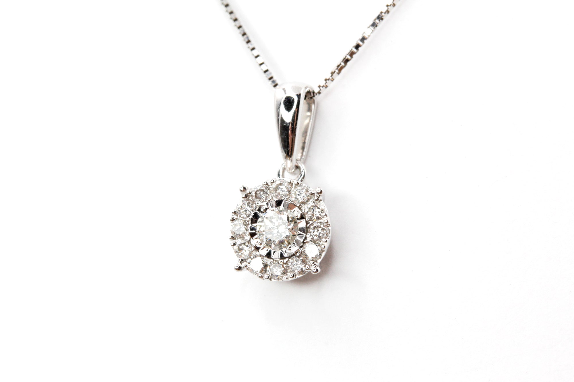 Diamond Halo Pendant Necklace - 14k White Gold - 0.19ctw