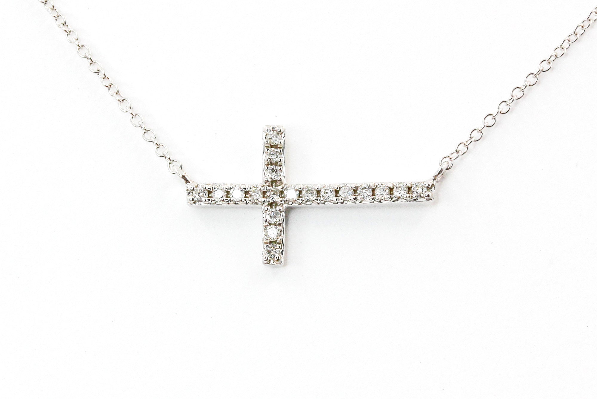 Diamond Horizontal Cross Necklace - 14k White Gold - 0.10ctw