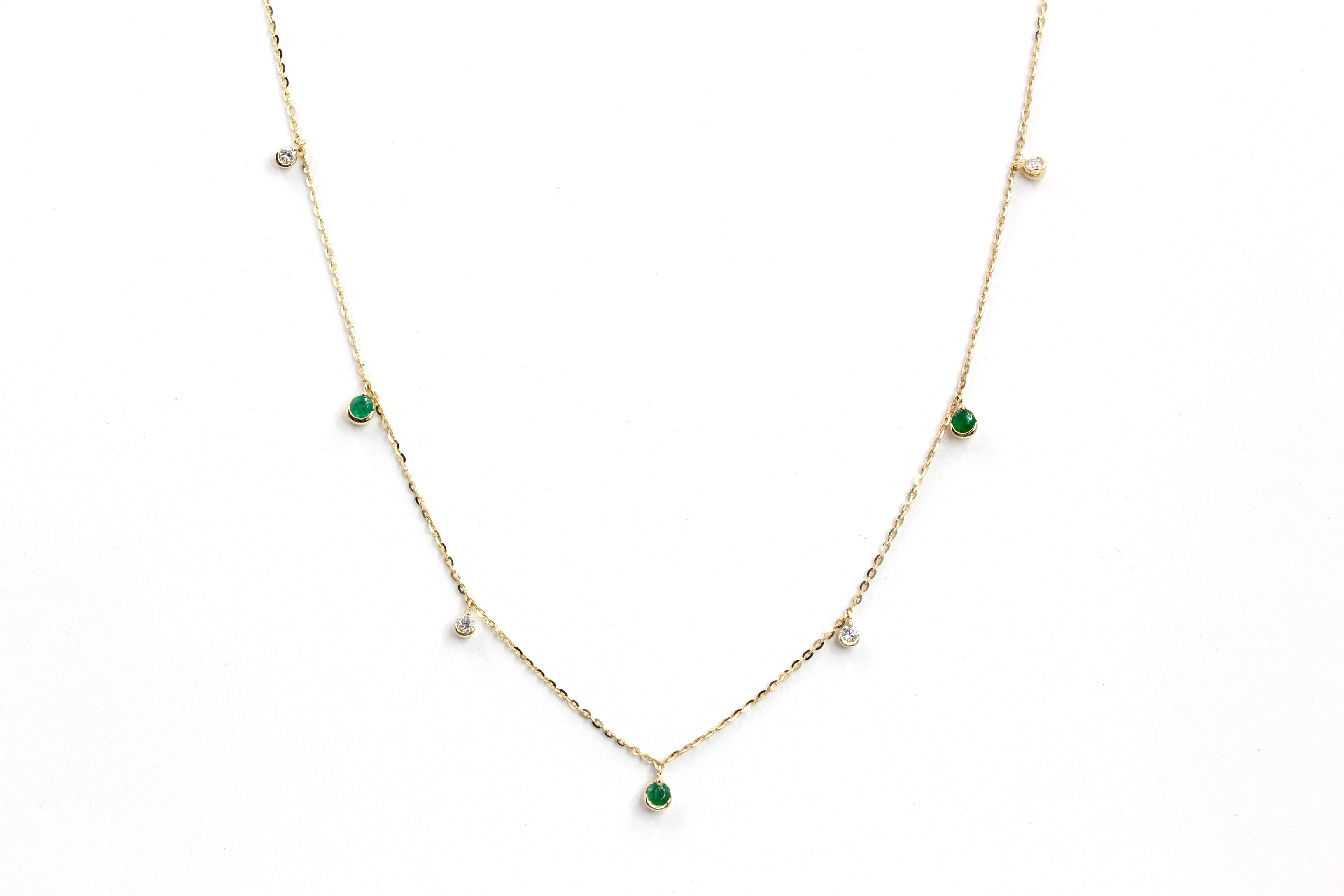 Emerald and Diamond Drop Necklace - 14k Yellow Gold - 0.27ctw