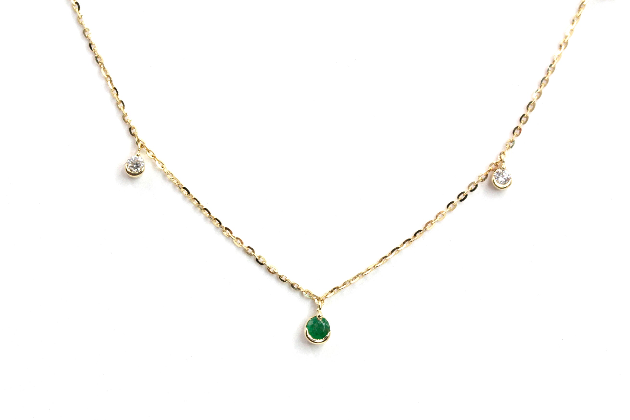 Emerald and Diamond Drop Necklace - 14k Yellow Gold - 0.27ctw