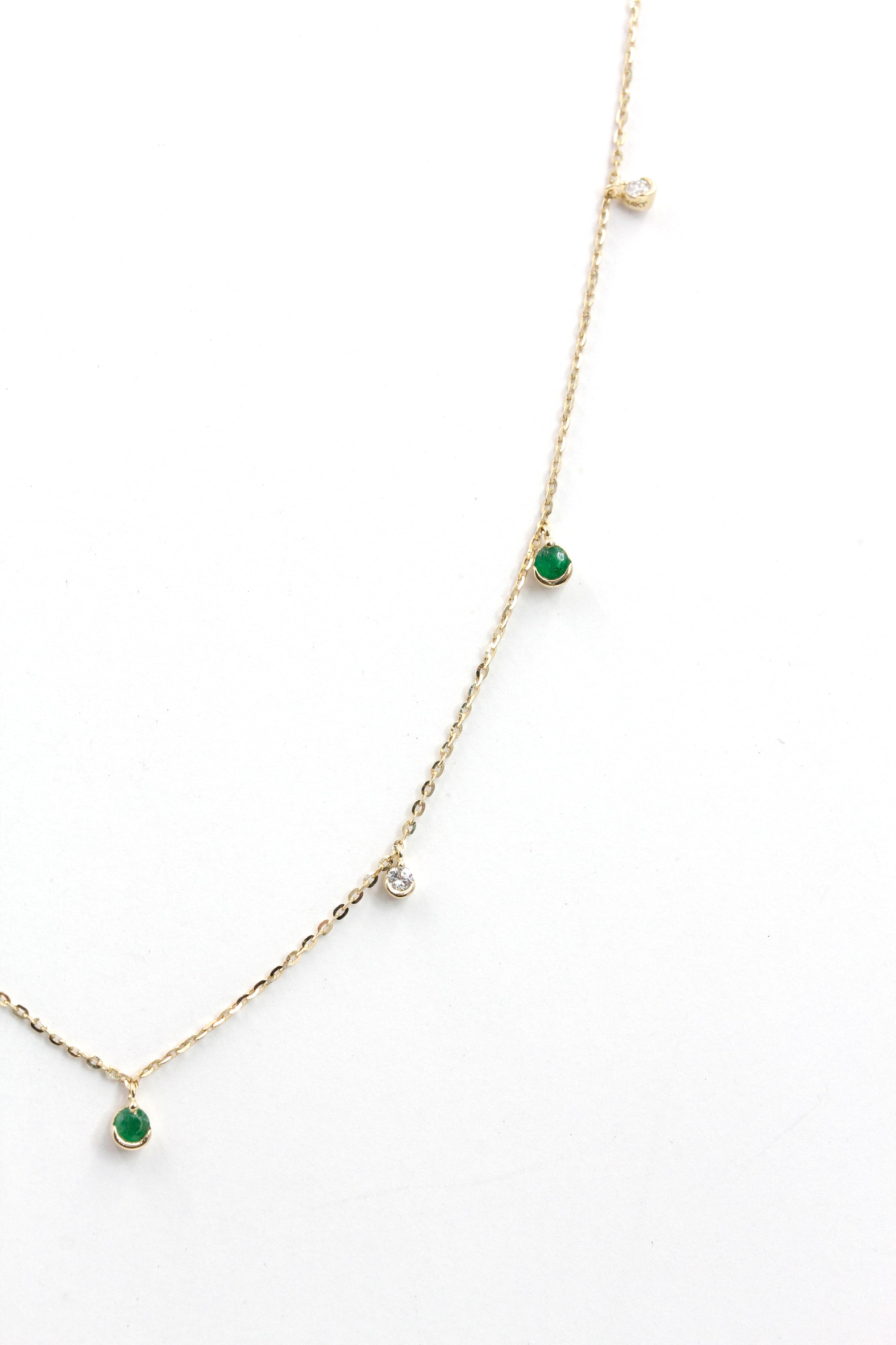 Emerald and Diamond Drop Necklace - 14k Yellow Gold - 0.27ctw