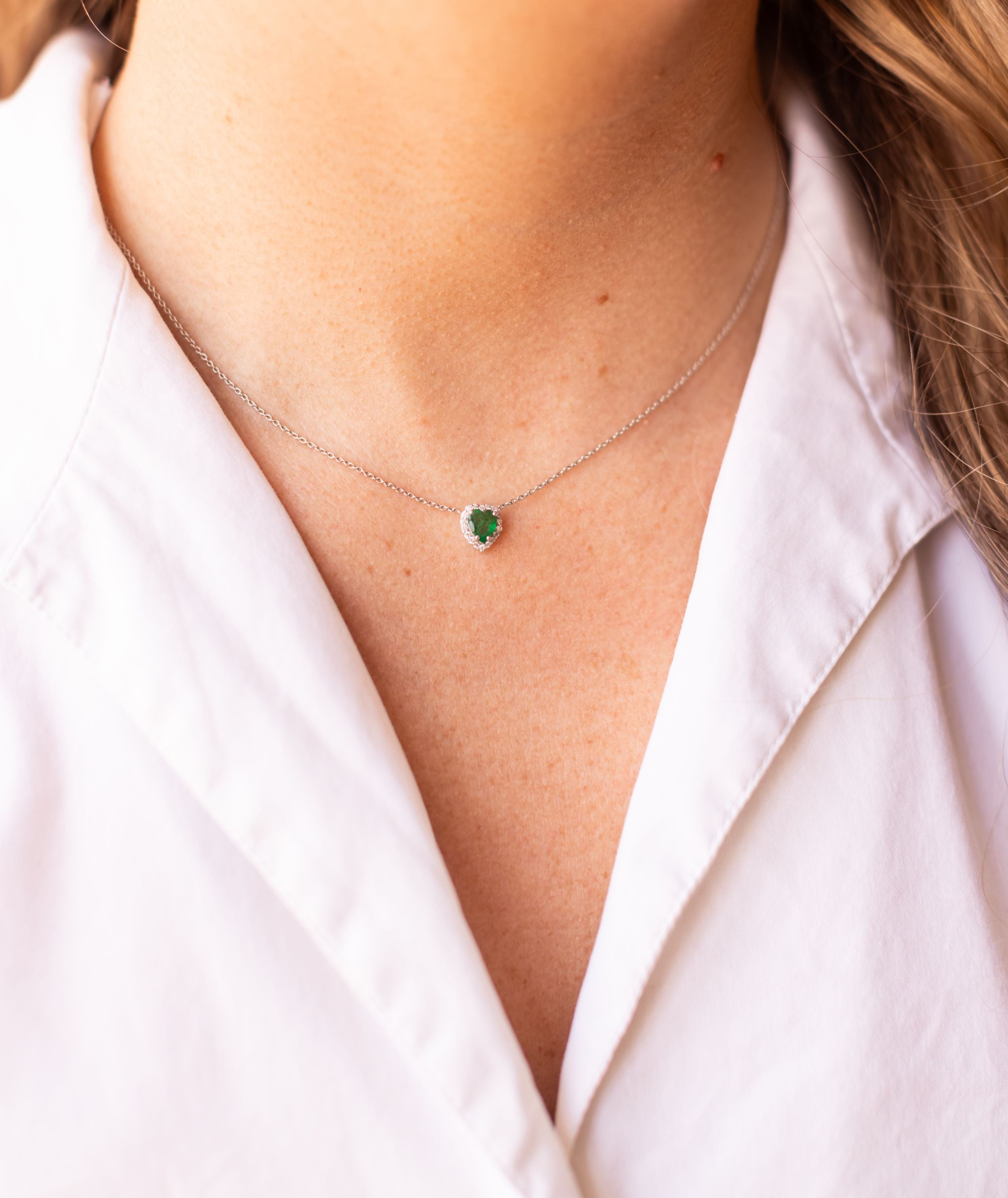 Emerald and Diamond Pendant Necklace - 14k White Gold - 0.77ctw