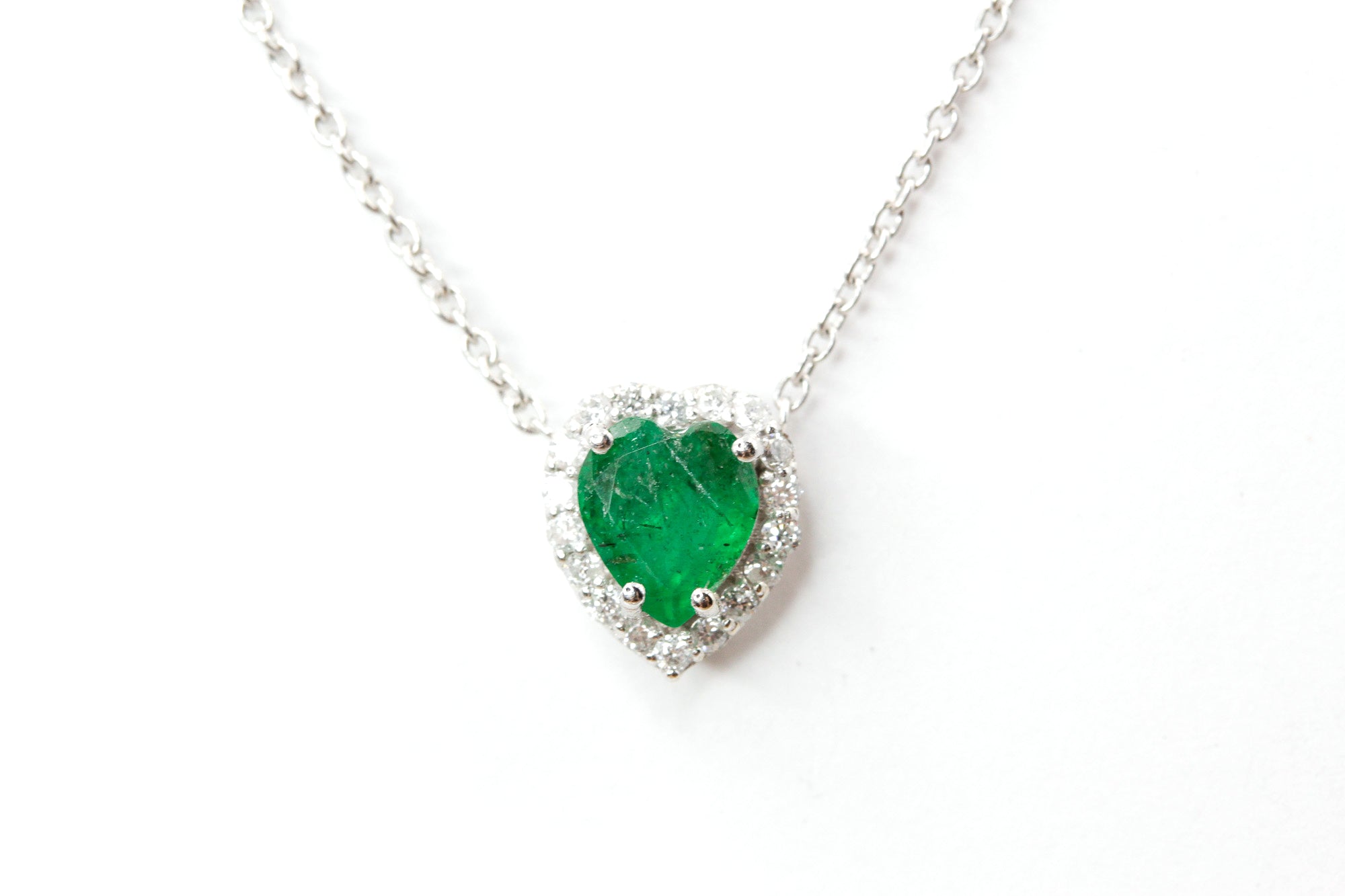 Emerald and Diamond Pendant Necklace - 14k White Gold - 0.77ctw