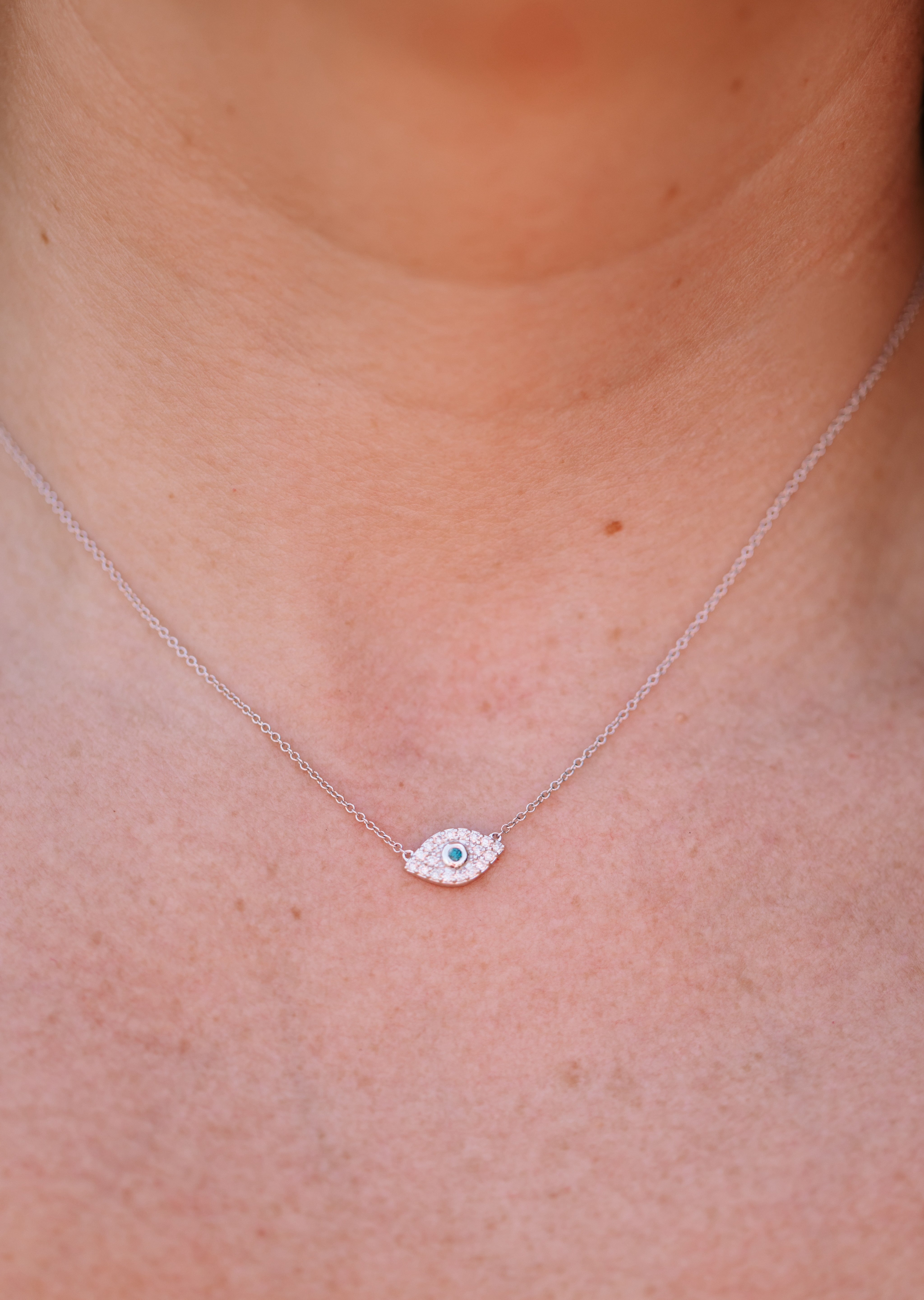 Blue and White Diamond Evil Eye Necklace - 14k White Gold - 0.31ctw