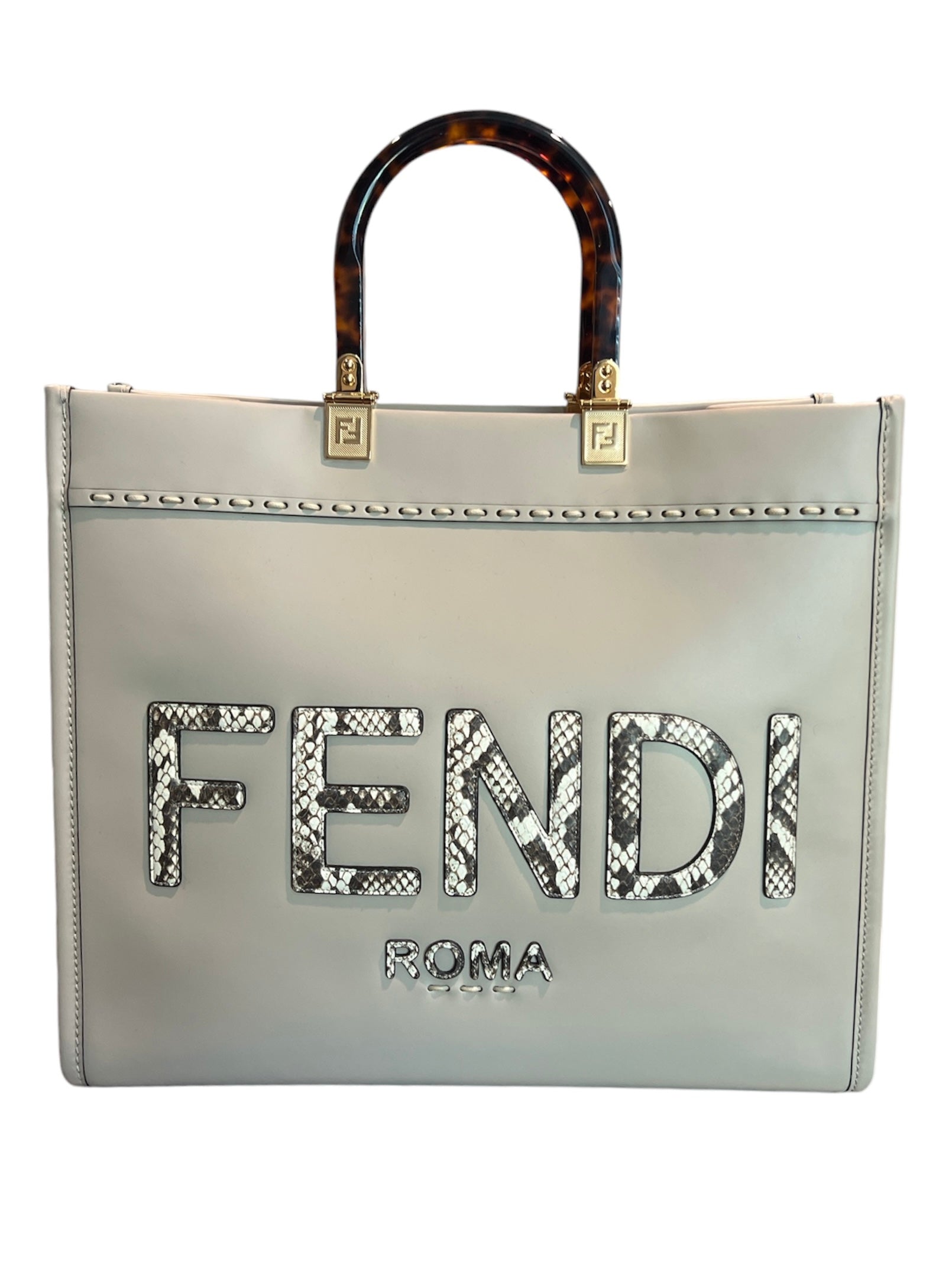 Fendi Sunshine Leather Shopper Tote w/ Snakeskin - Medium