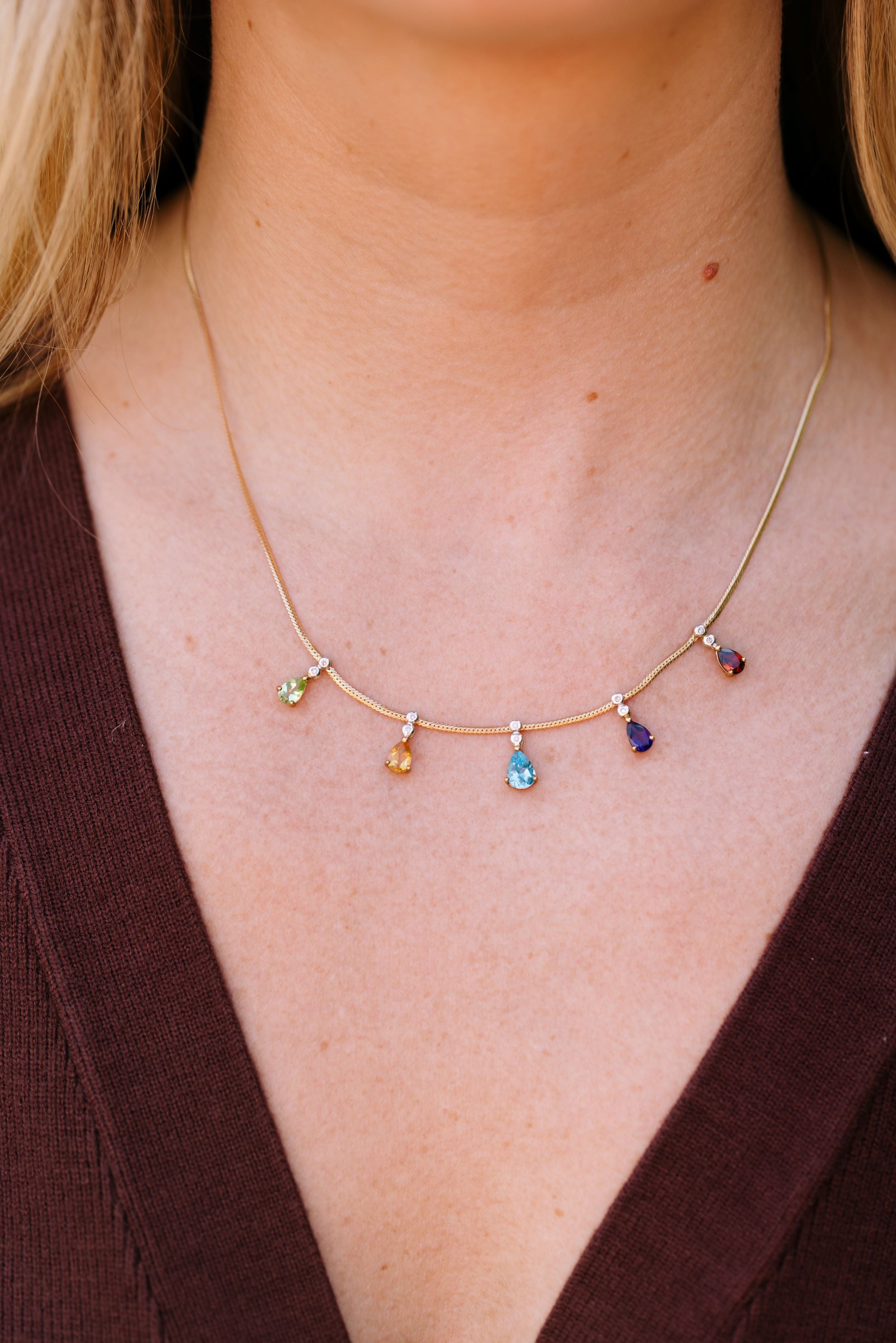 Gemstone and Diamond Pendant Necklace - 14k Yellow Gold - 0.10ctw