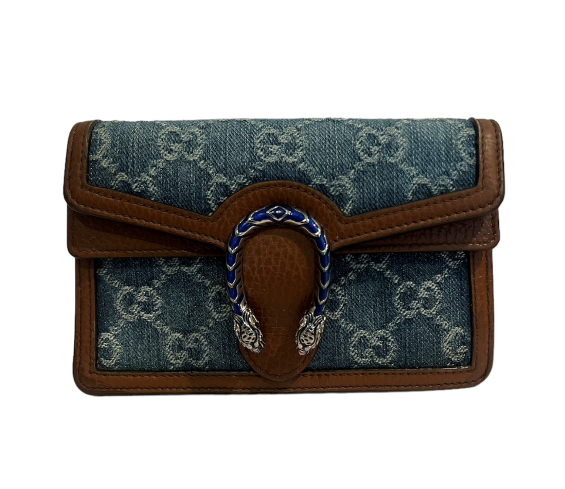 Gucci Super Mini Dionysus Handbag - Denim GG and Brown Leather