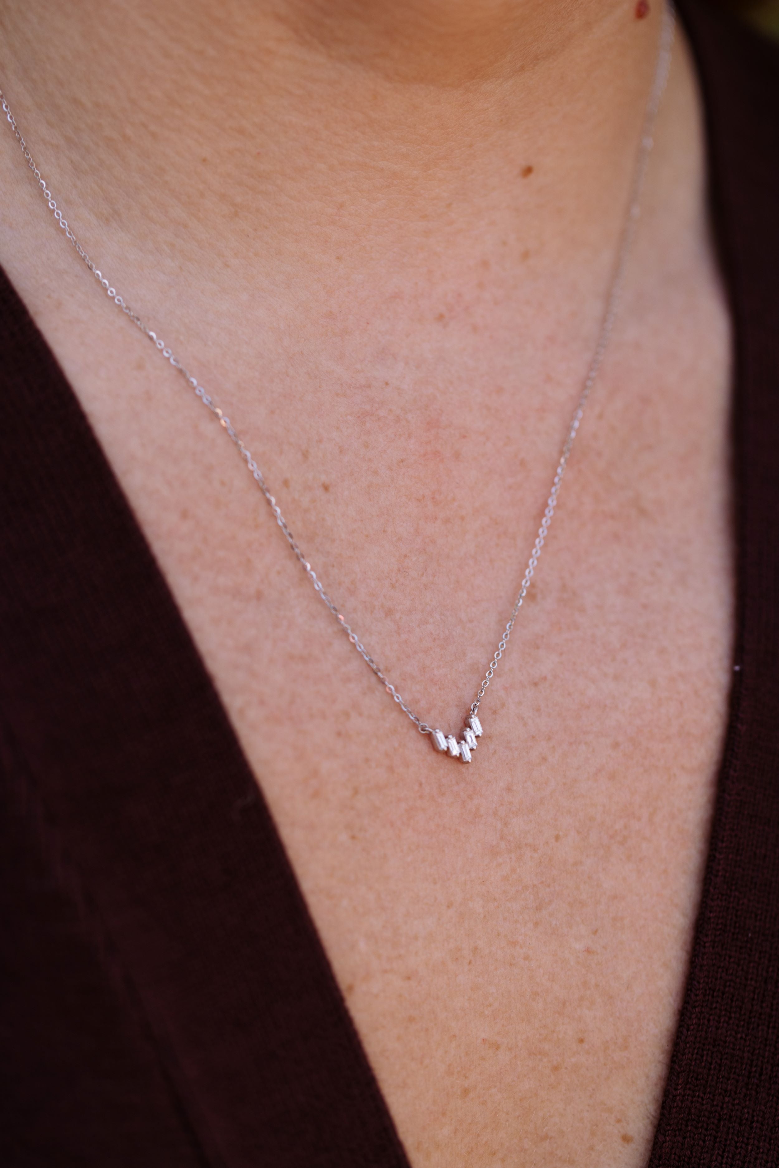 Layered Baguette Diamond Necklace - 14k White Gold - 0.10ctw