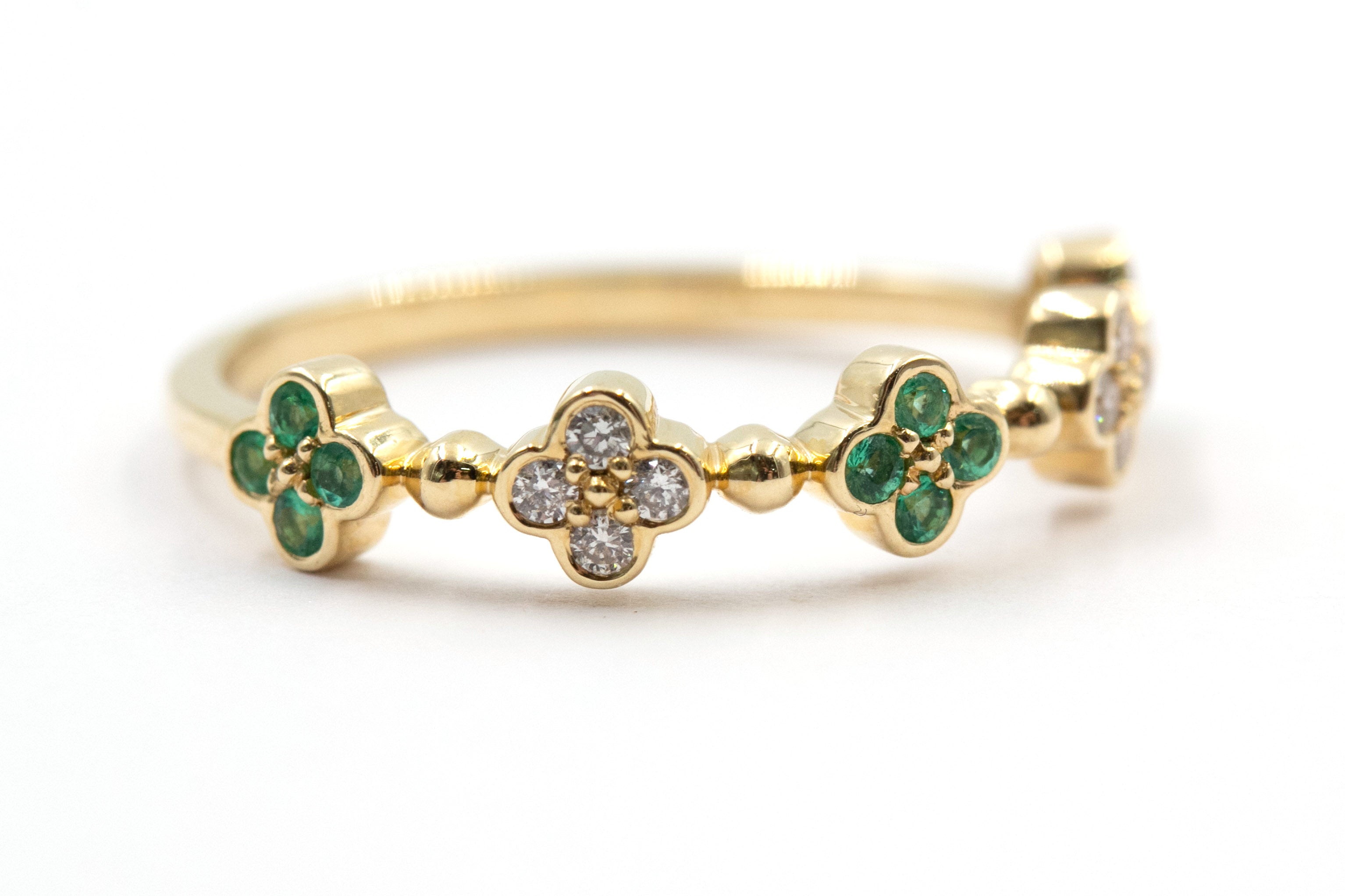 Emerald and Diamond Clover Ring - 14k Yellow Gold