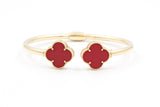 Carnelian Clover Open Bangle Bracelet - 10k Yellow Gold